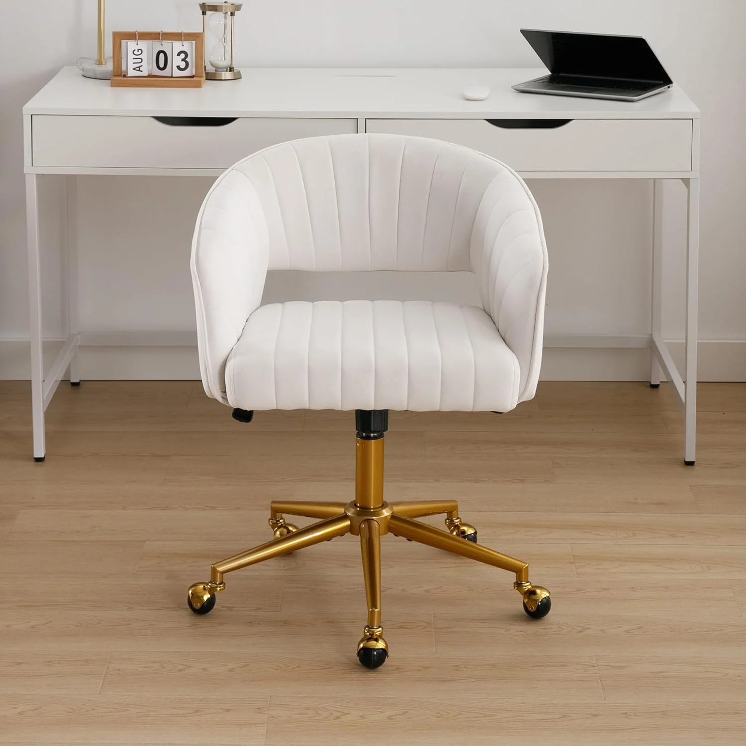 Westice Home Office Desk Chairs, Velvet Task Chair, Height Adjustable Swivel Vanity Chair with Golden Base for Vanity Study, Living Room Computer Room, Beige - Image 6