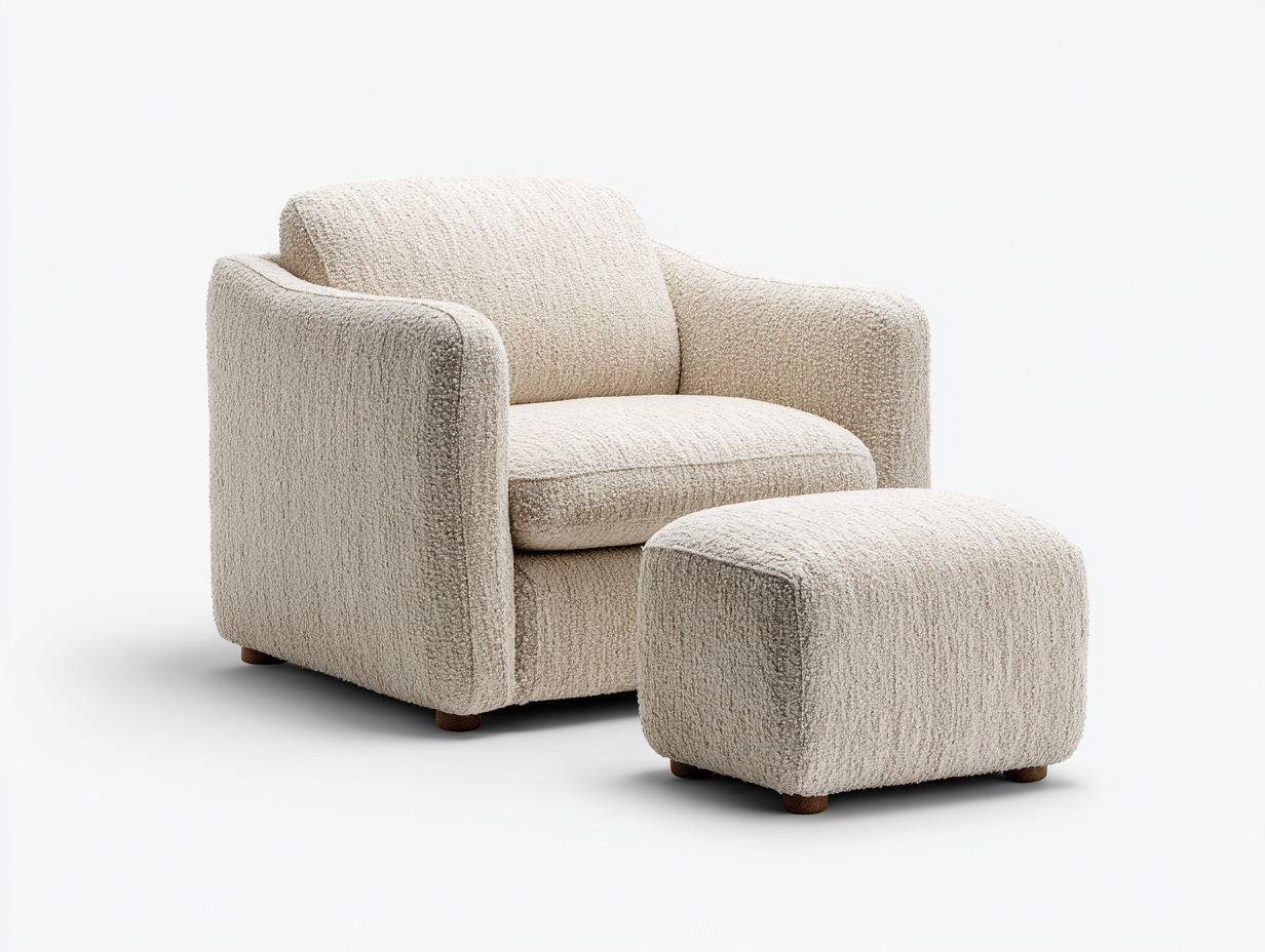 Sillón individual con reposapiés y cojín 95×90×78 cm - tela bouclé beige - diseño contemporáneo