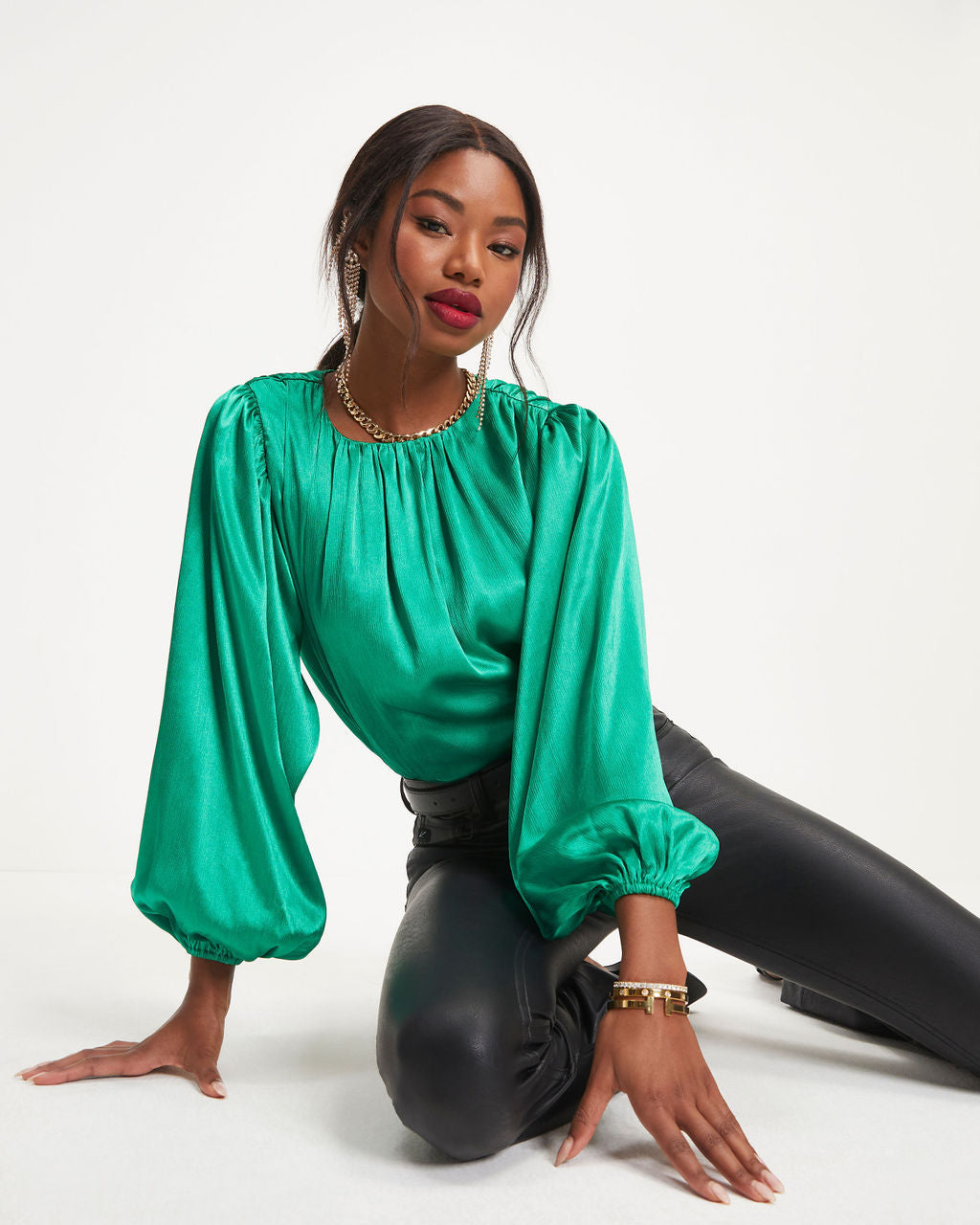 Perfect Timing Satin Balloon Sleeve Top - Green - Se7enfashion
