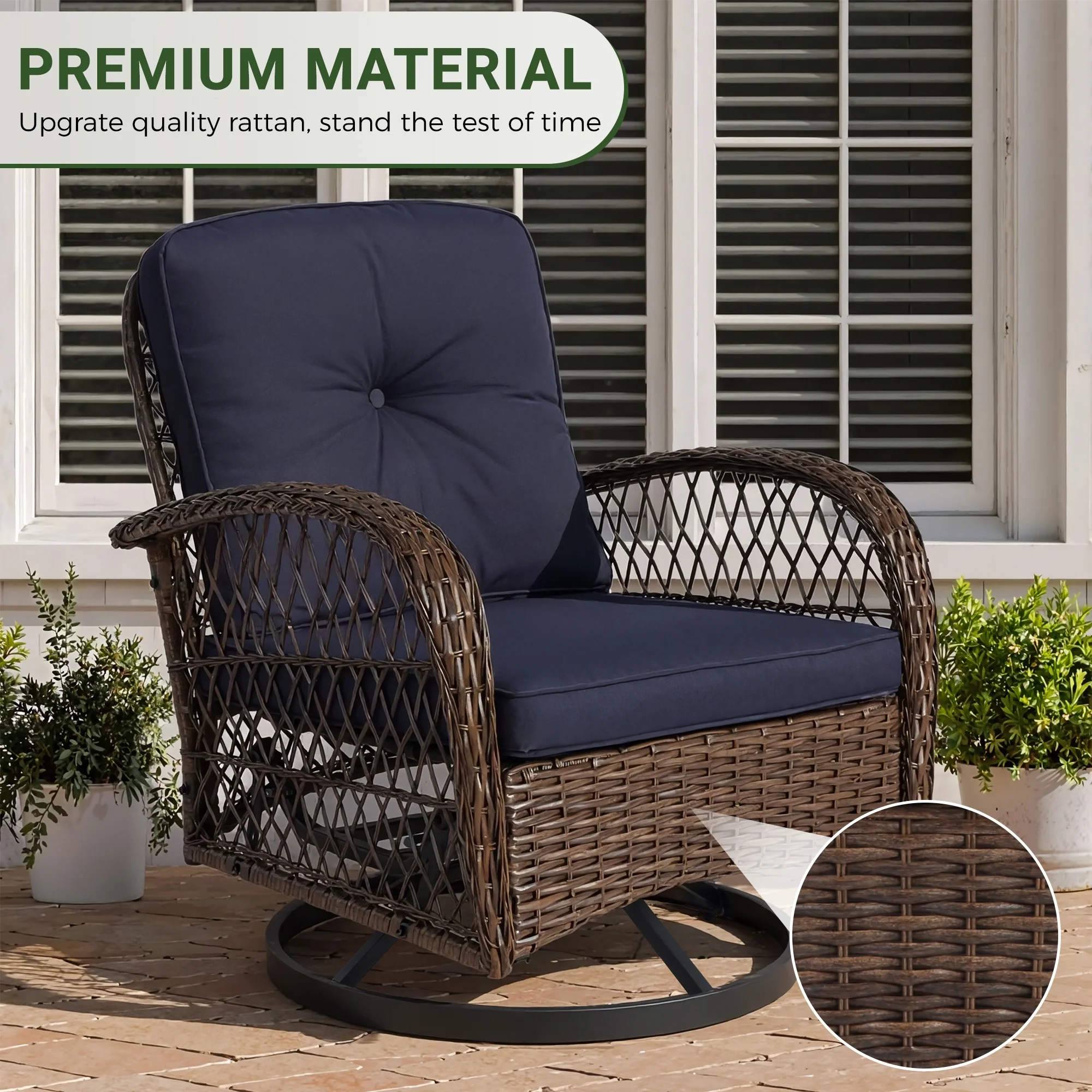 3 Piece Patio Swivel Rocker Chairs Set, 2 360-Degree Swivel Rocking Chairs with 1 Glass Top Table, PE Rattan Outdoor Bistro Set with Cushions for Balcony Deck Poolside Backyard Porch - Image 17