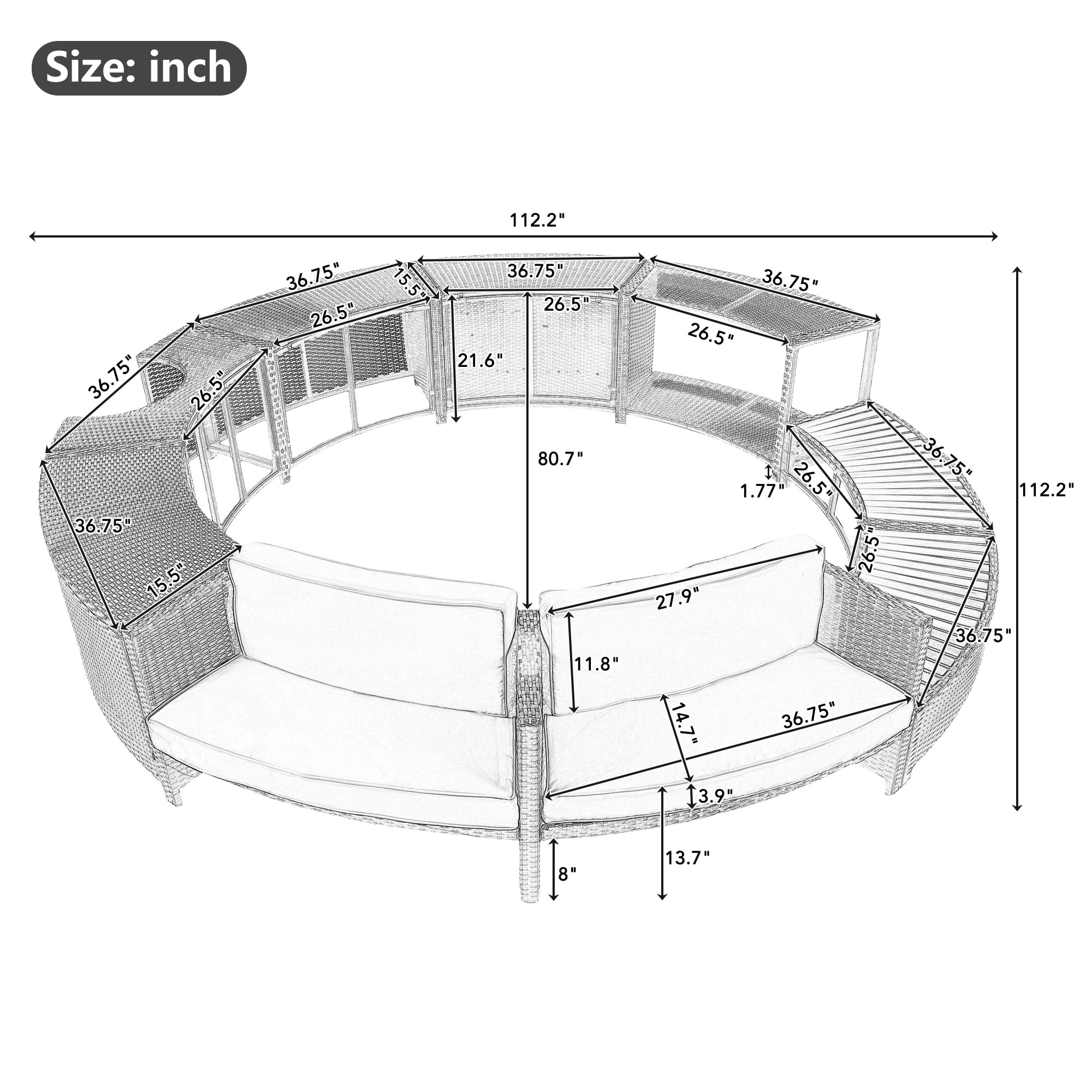 Round Hot Tub Surround Furniture, Spa Surround Outdoor Rattan Sectional Sofa Set with Mini Sofa, Solid Acacia Wood Hot Tub Storage Surround Patio Furniture Set, Gray Cushion - Image 9
