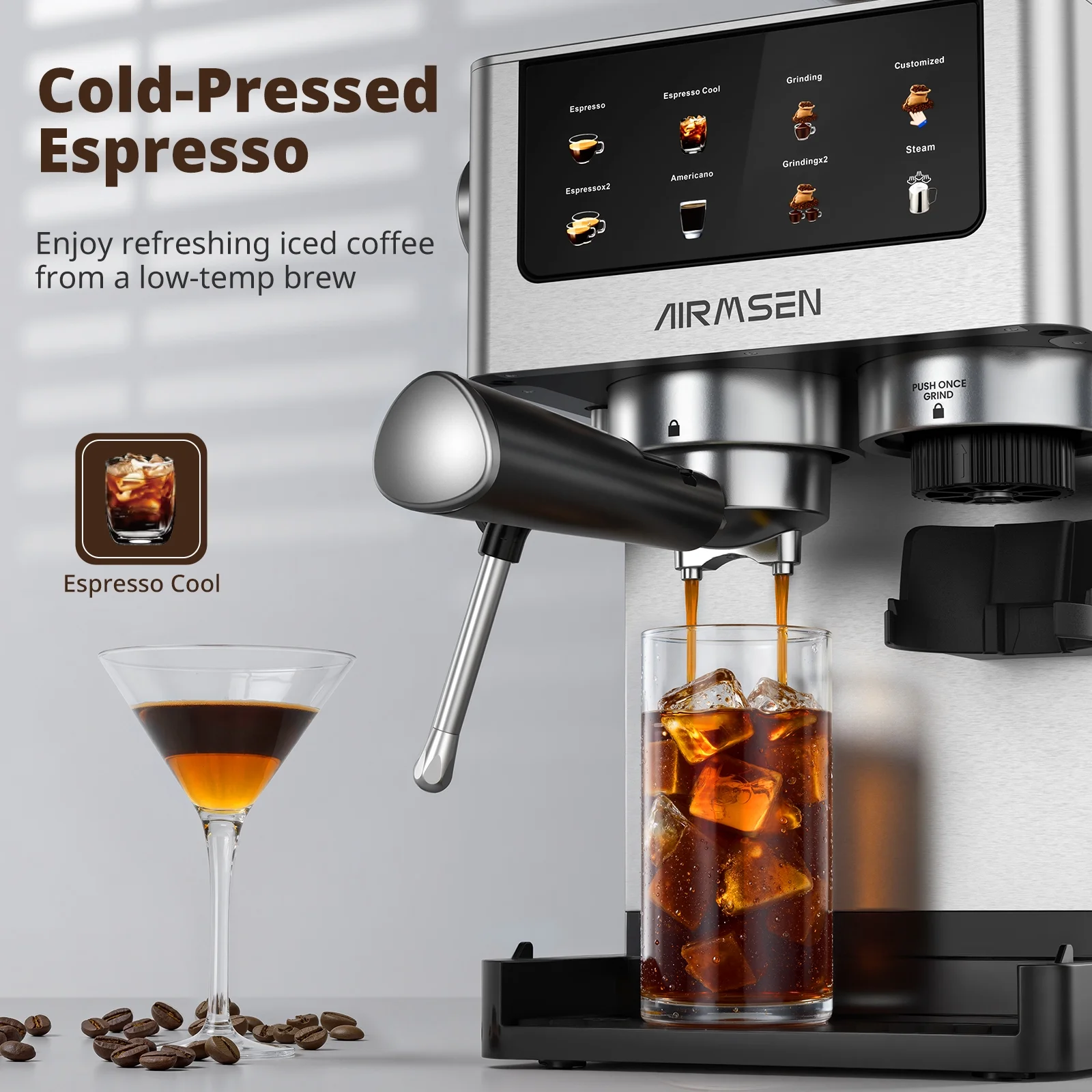 AIRMSEN Espresso Machine with Grinder, Espresso Coffee Machine with Customized Grind Amount & Coffee Volume, Cold Brew Coffee Maker for Cappuccino Latte Americano, Brushed Stainless Steel - Image 3