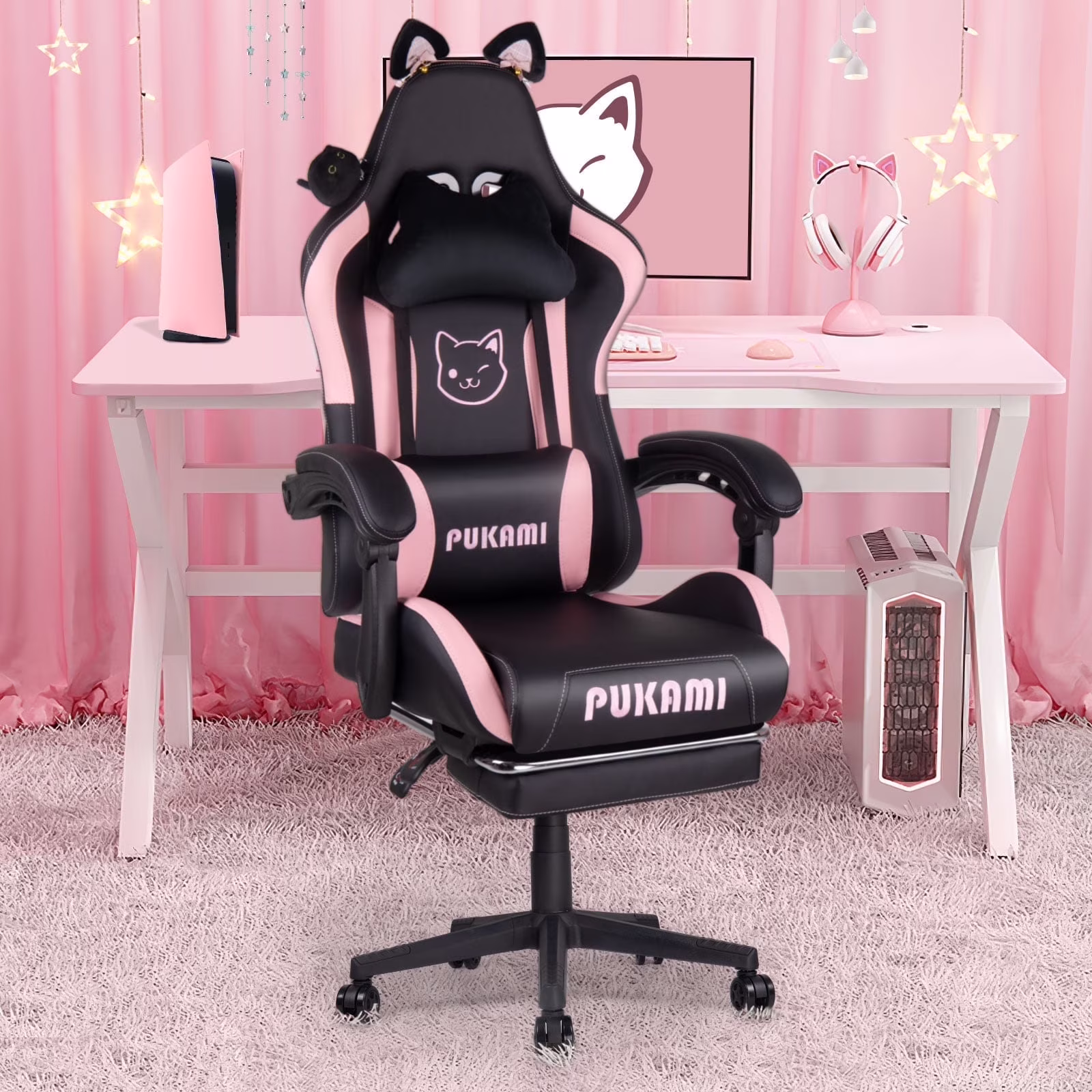 Waleaf Pink Gaming Chair with Cat Paw Lumbar Cushion and Cat Ears for Girls, Reclining Office Computer Chair with Footrest for Adults, Teens