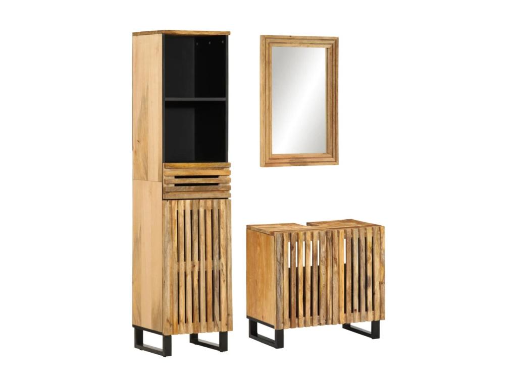 Conjunto de muebles de baño de 3 piezas en madera maciza de mango en bruto.