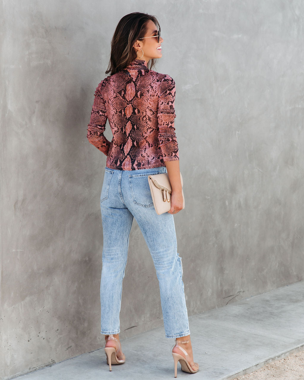 Serpentine Snake Print Sheer Turtleneck Top - Clay - SALE - Se7enfashion