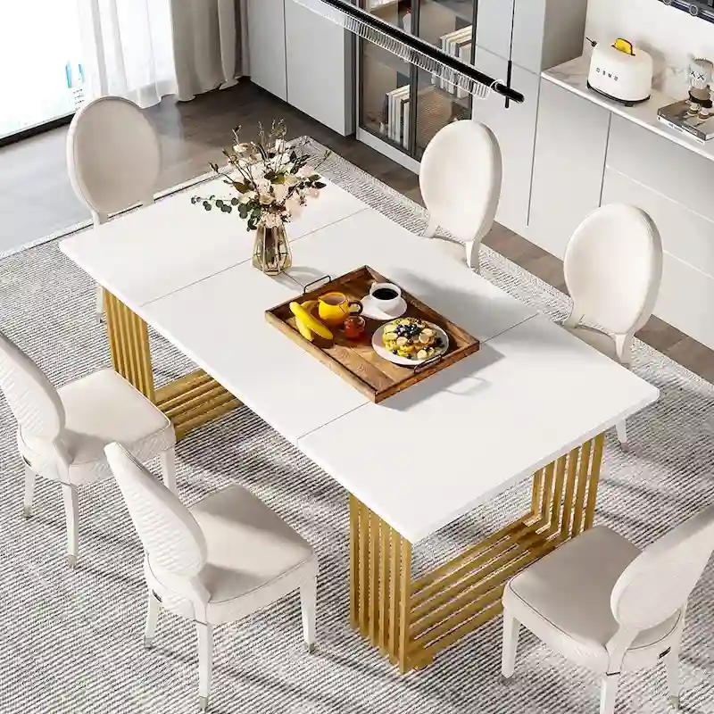 Modern Dining Table with Rectangular Top and Metal Base for 6 to 8 Seating