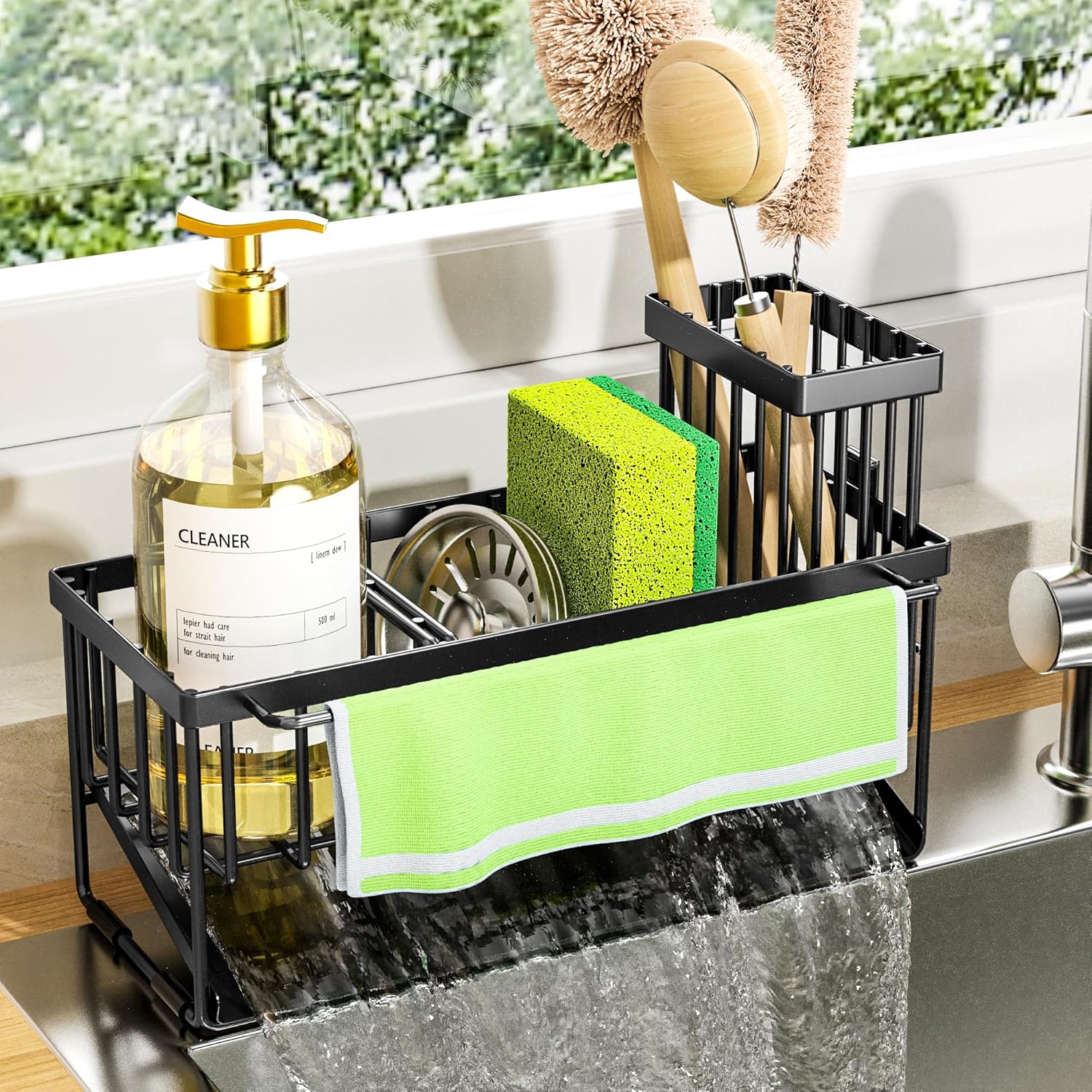 Cisily Sink Caddy Organzier with High Brush Holder, Sponge Holder for Sink, 304 Rustproof Stainless, Kitchen Countertop Soap Dispenser Organizer, Dark Gray Kitchen Decor and Accessories