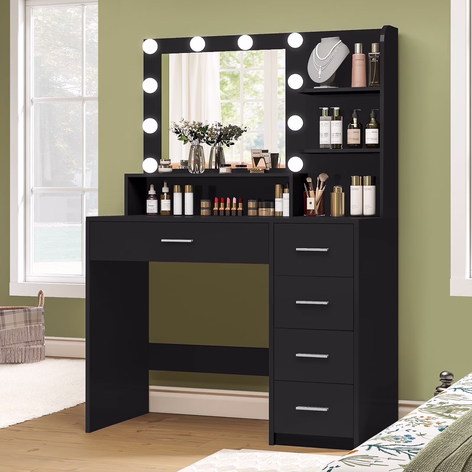Makeup Vanity Desk with Mirror & Lights, Vanity Table with 5 Drawers & Storage Shelves, Makeup Vanity , 3 Color Modes & Adjustable Brightness Dressing Table, Bedroom, White