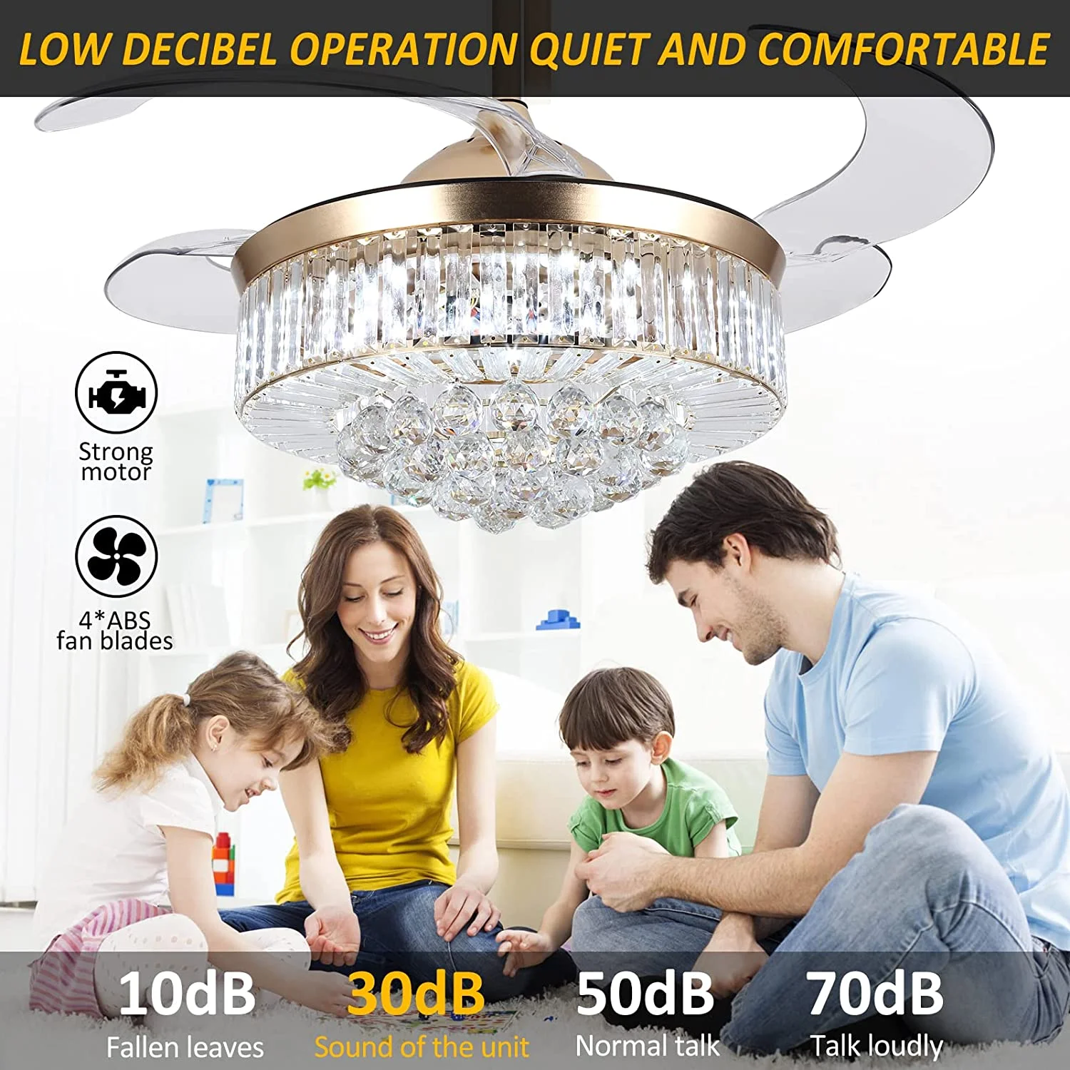 Datingday 42 Inch Crystal Ceiling Fan Golden Crystal Ceiling Fan Chandelier with Remote 6 Speeds 3 Colors Changes Lighting Fixture, 4 Blades Retractable Fans for Bedroom Living Room Dining Room - Image 6