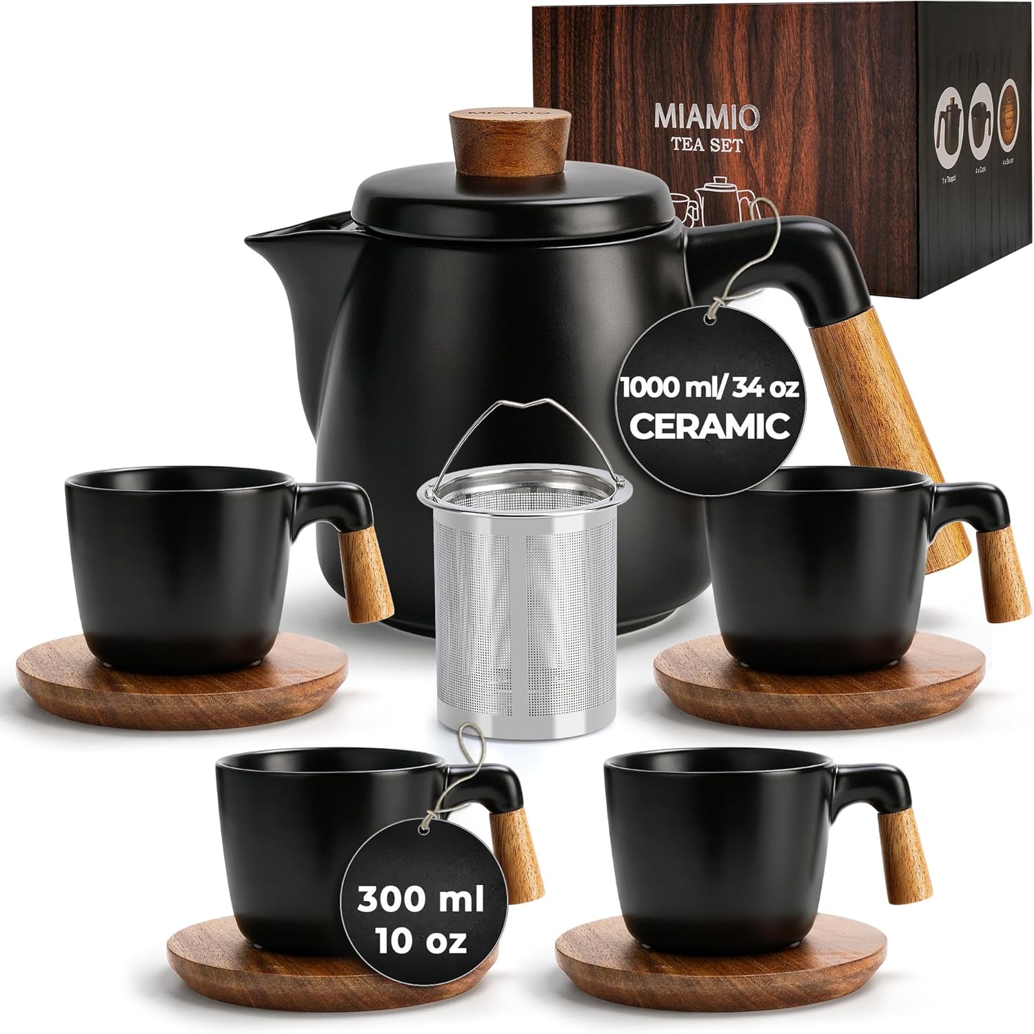 MIAMIO – 34 Oz Ceramic Tea Pot Set with Infuser and Cups/Tea Strainer, 4 Ceramic Tea Mugs (10 Oz), Bamboo Saucers/Handle for Home and Office (White)