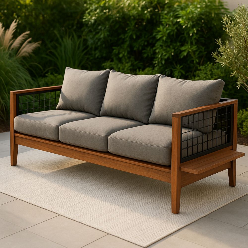 Sofá de Exterior Madera/Metal 3 Plazas Cojines Extraíbles Gris 200x80x75cm