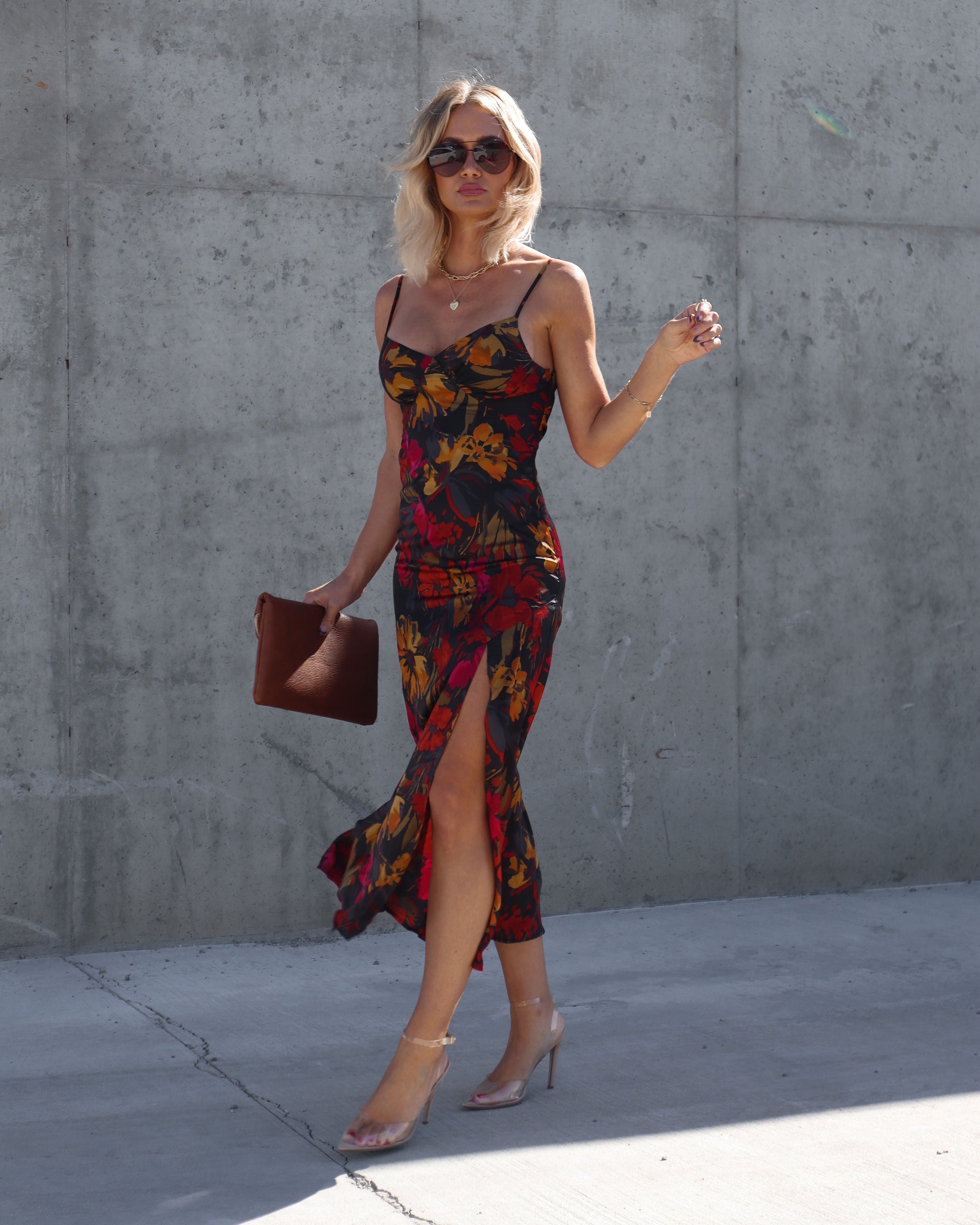 Brandy Satin Floral Slit Midi Dress - Se7enfashion