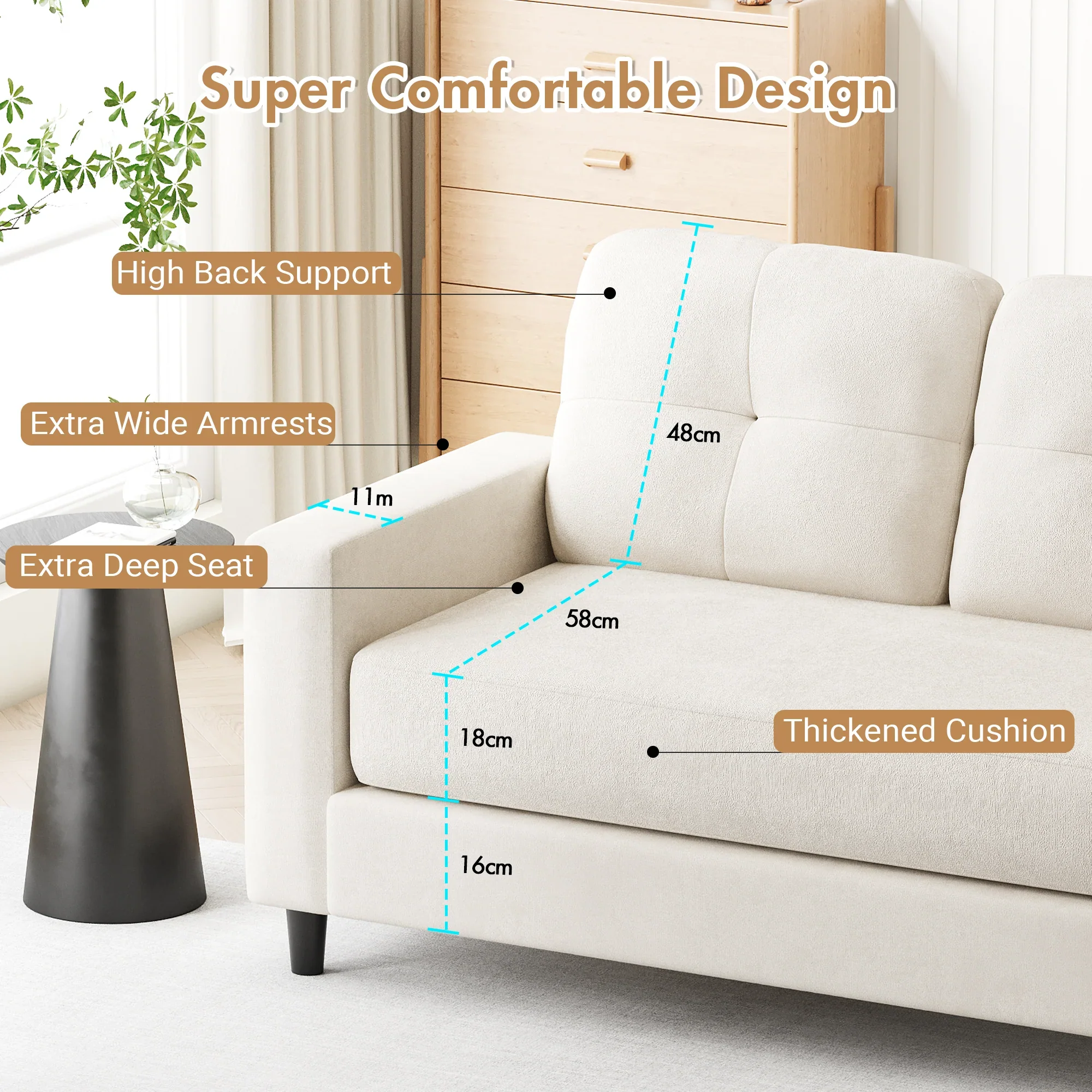 2-Seater Sofa 132cm Loveseat Sofa Beige