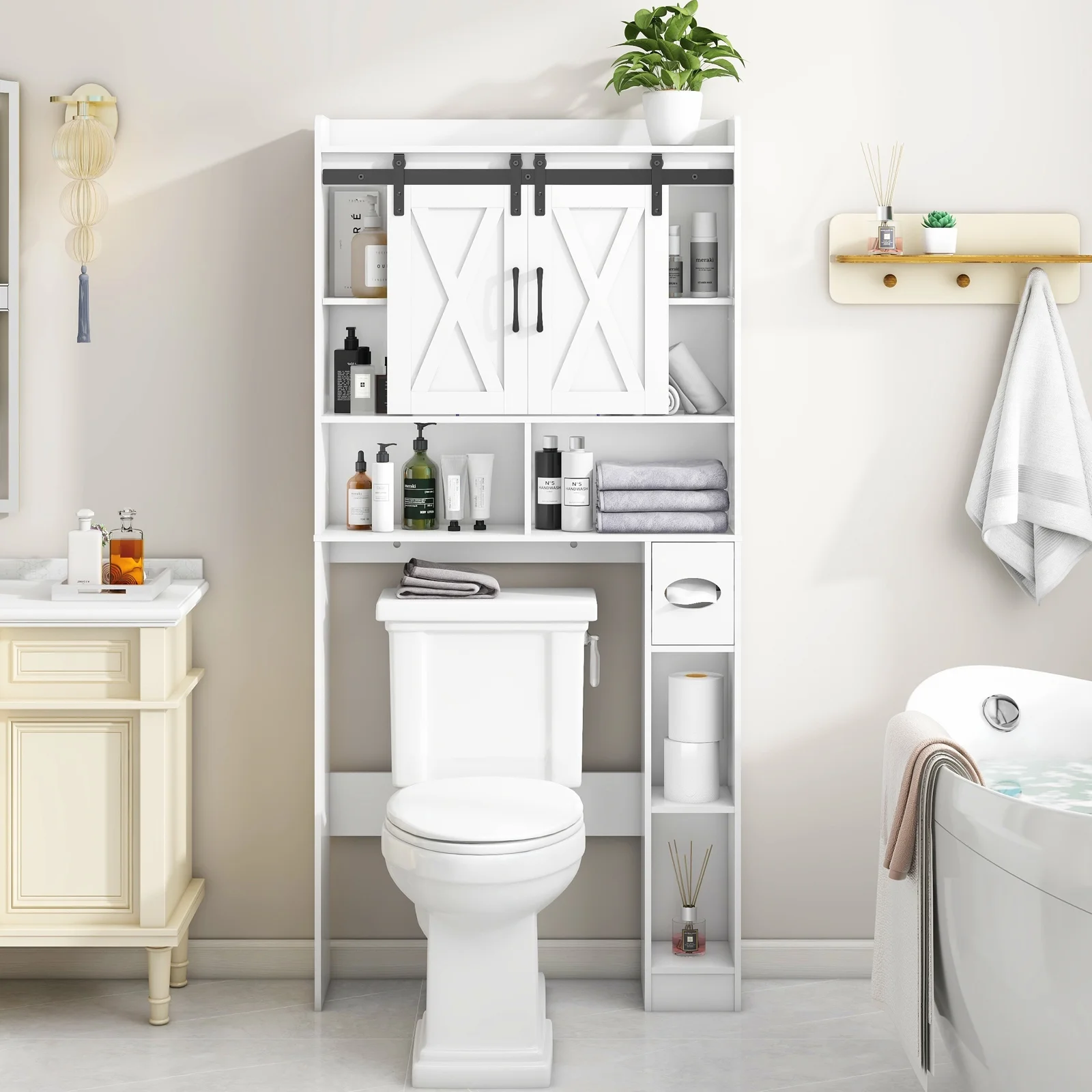 Over The Toilet Storage Cabinet, Farmhouse Storage Cabinet Over Toilet with Sliding Doors-Home Space-Saving Toilet Rack, for Bathroom, Restroom, Laundry - Image 2