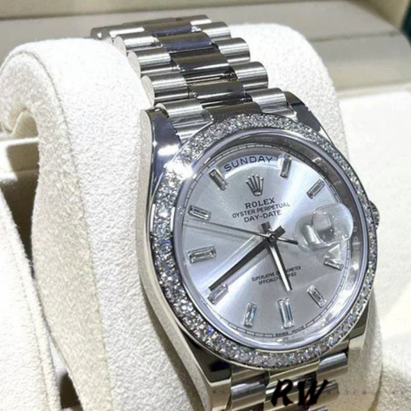 Rolex Day-Date 228349RBR Silver Dial Diamond Bezel 40mm Mens Replica Watch