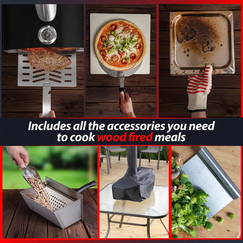 Deco Chef Outdoor Pizza Oven with 2-in-1 Pizza and Grill Oven Functionality, 13" Pizza Stone, 3-Layer Stainless Steel Construction, Pizza Peel, Dough Scraper, Scoop, Slotted Grill (Black) - (Open Box - Image 3