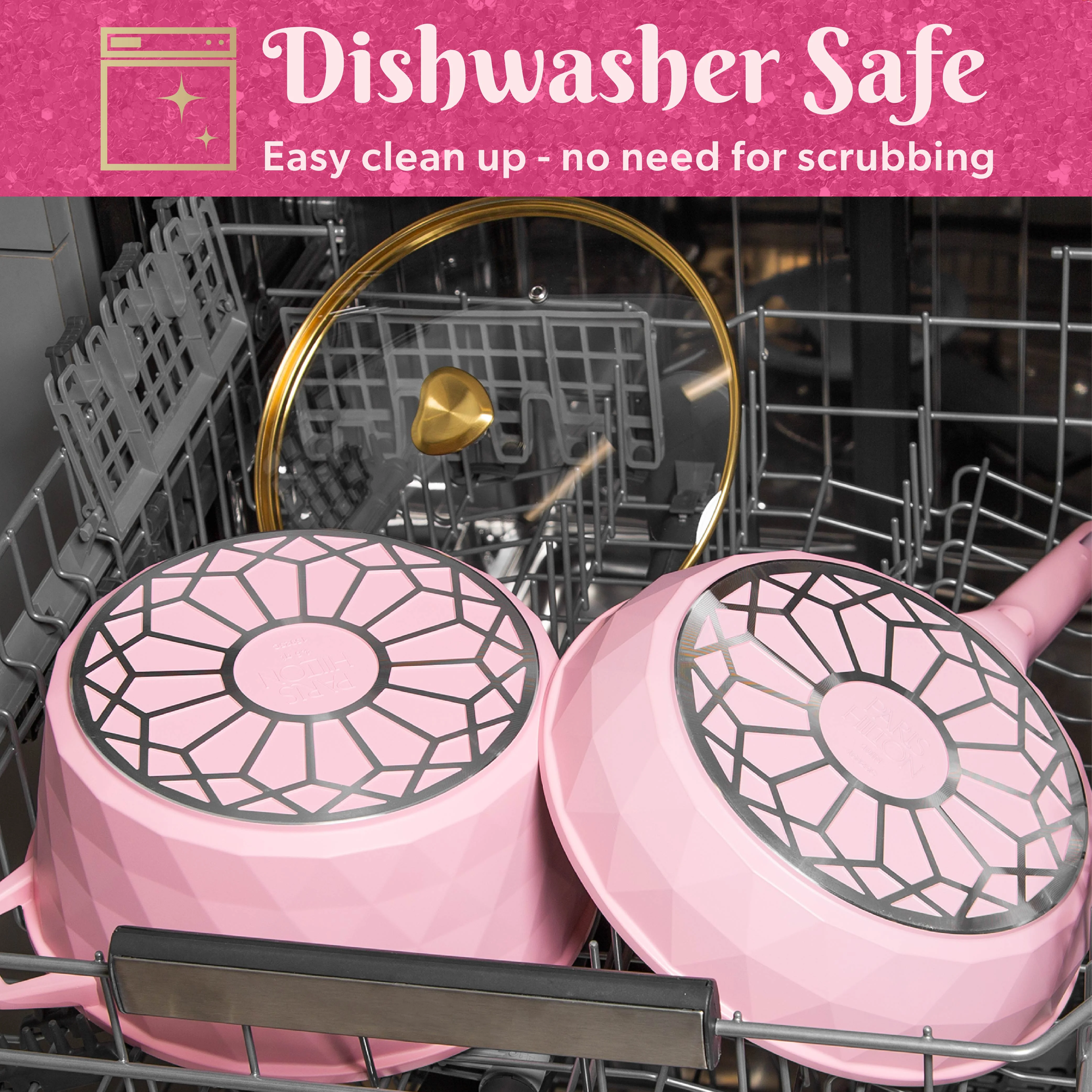 Paris Hilton 10-Piece Ceramic Nonstick Cast Aluminum Cookware Set, Clean Ceramic? Coating, Faceted Pink Design - Image 6