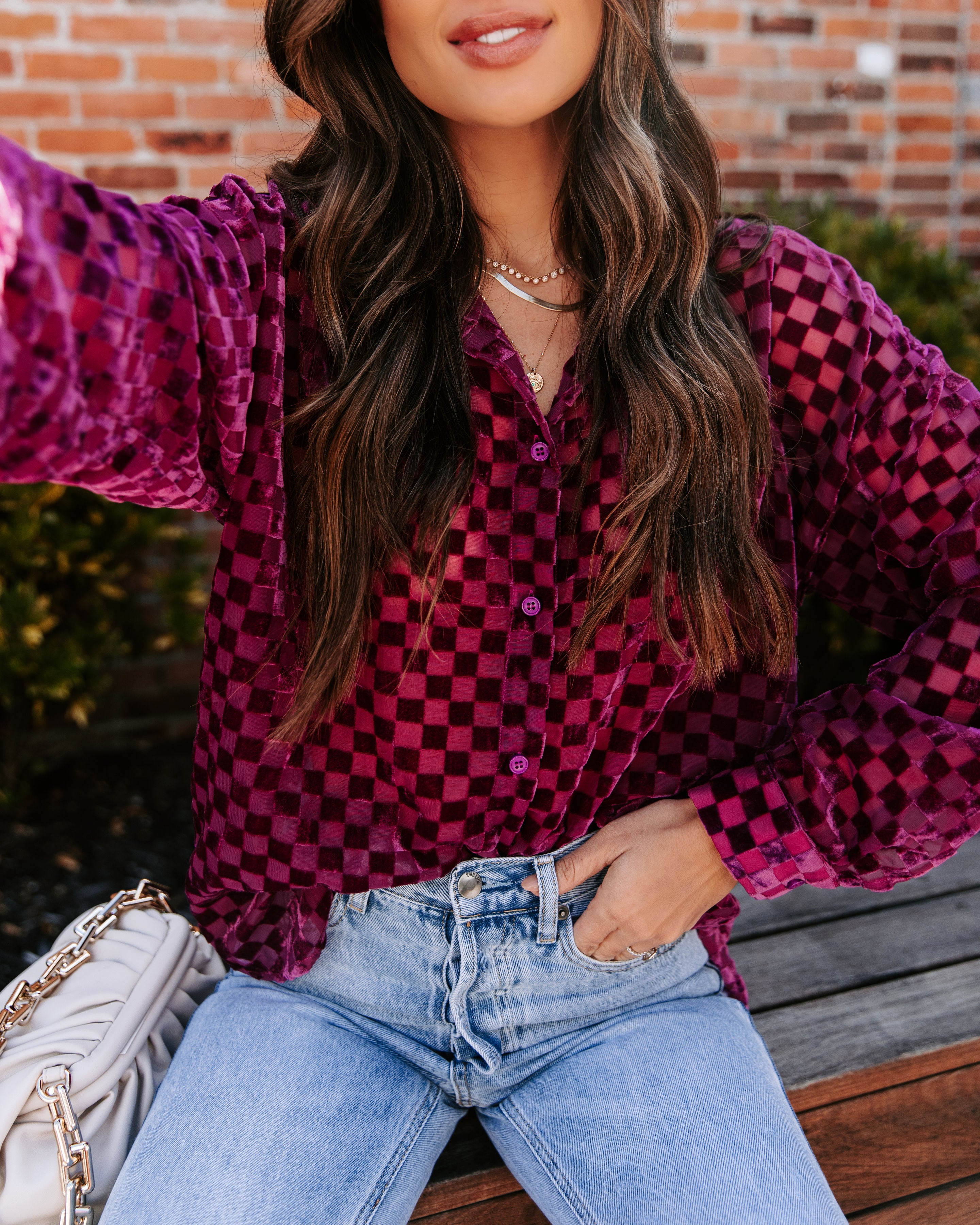 Check You Out Burnout Velvet Button Down Top - Fuchsia - Se7enfashion