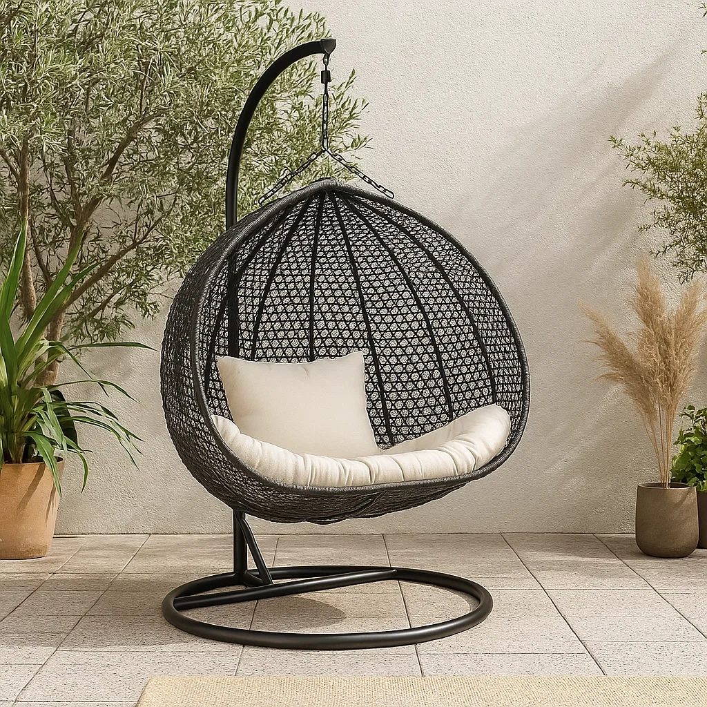 Sillón colgante de resina trenzada para 1 plaza con cojines blancos,Negro - ZlqaTgg238ud