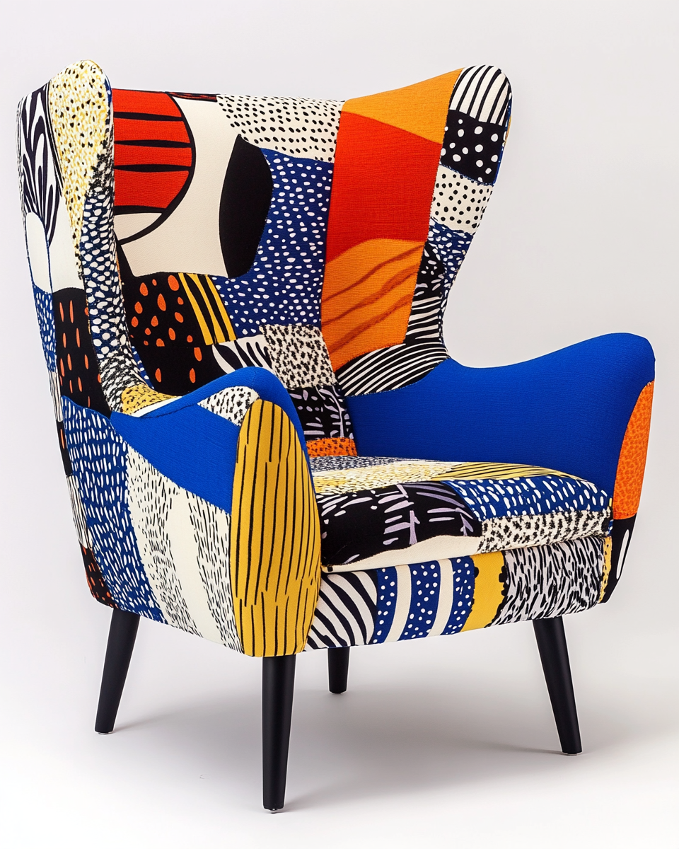 Sillón moderno de diseño abstracto con tela multicolor, ideal para decoración creativa