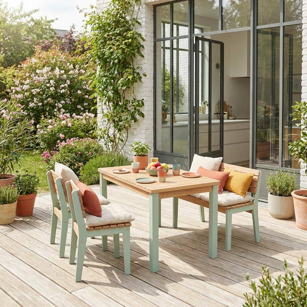 Caroline - Mesa de jardín infantil de madera de acacia con 4 sillas