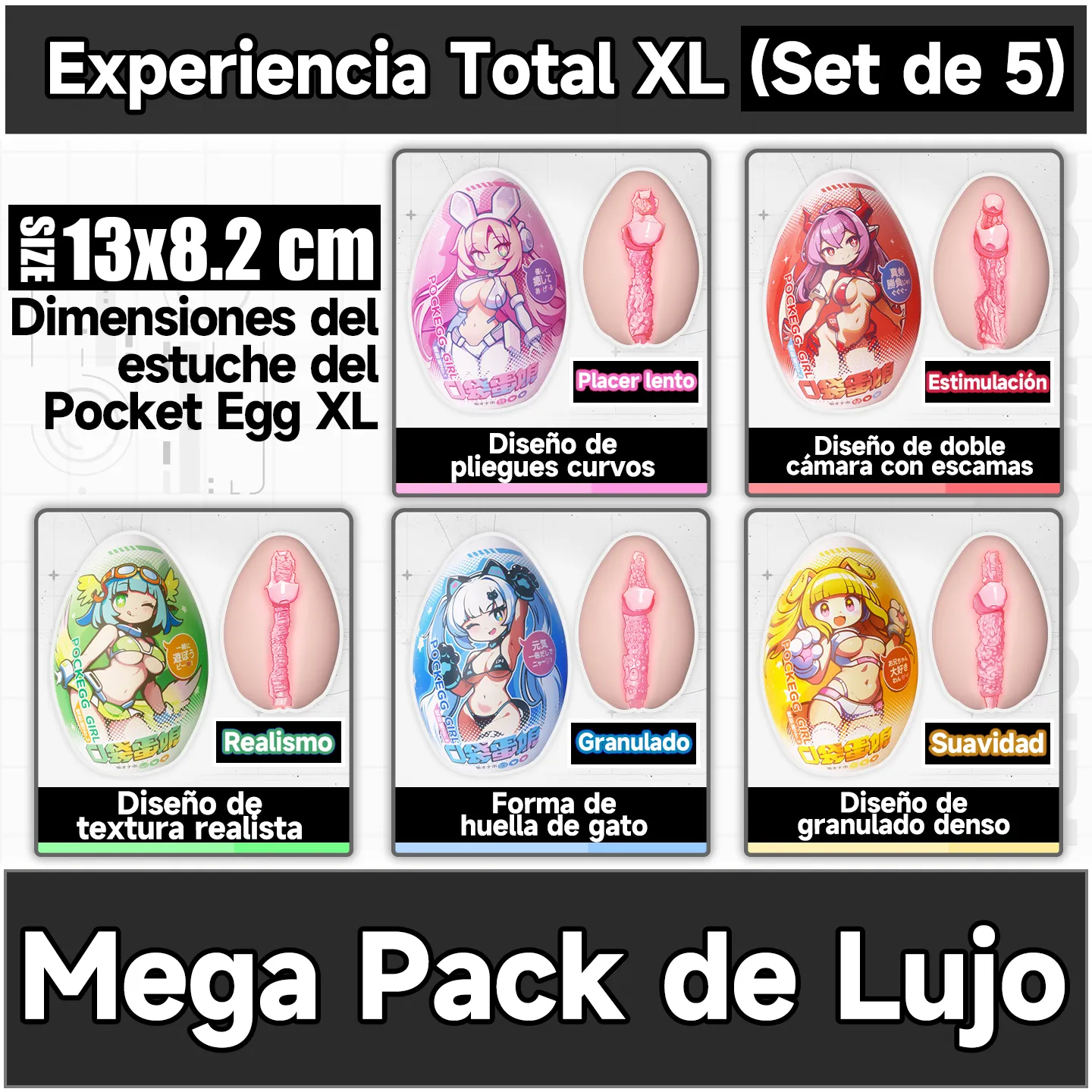 Set de 5 masturbadores Pocket Egg XL de Dr.YUU, un mega pack de lujo que incluye todas las texturas