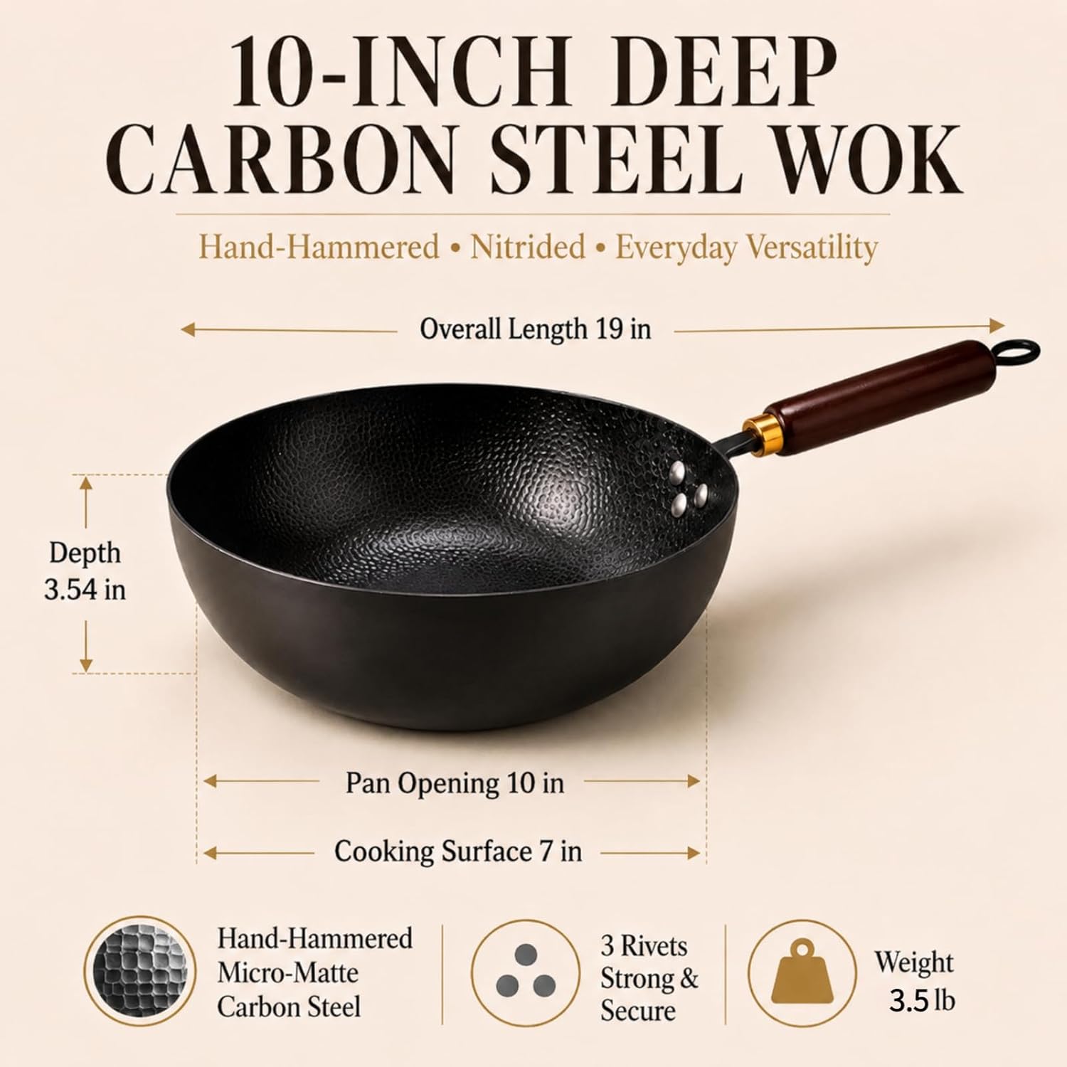 Calmabode Carbon Steel Wok with Lid, 10 Inch Hand Hammered Deep Flat Bottom Wok Pan, Pre-Seasoned Nitrided Stir Fry Pan, Detachable Handle, Oven Safe, All Stovetops, Induction Compatible
