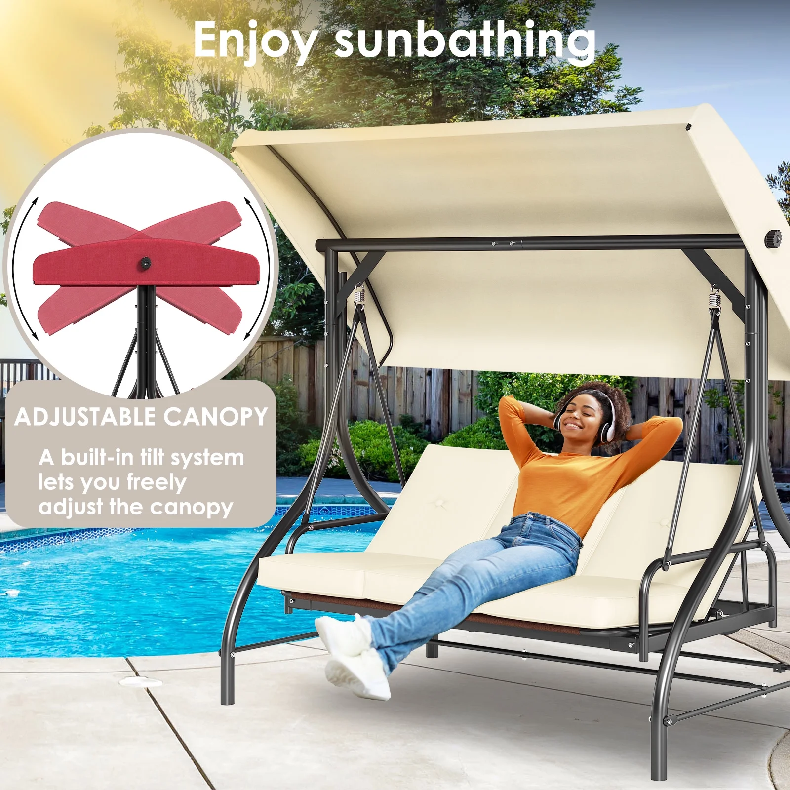 Arlopu 3 Person Porch Swing Outdoor Converting Canopy Swing Glider with Canopy - Image 9