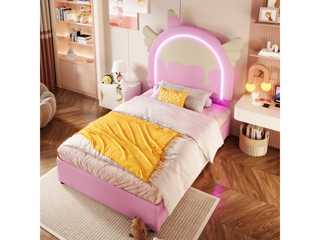Cama individual tapizada en símil piel 90x200 cm - con LED y 2 cajones - Rosa