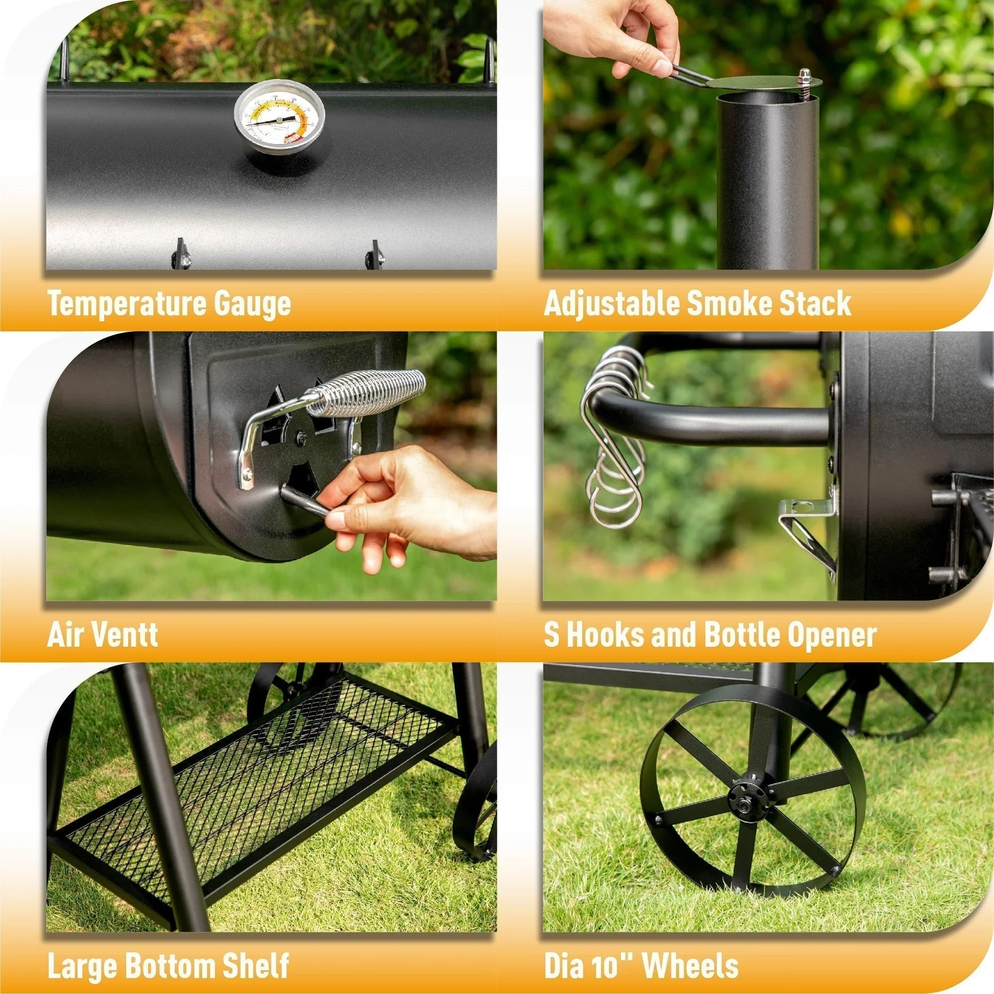 941 Sq.in. Overlarge BBQ Charcoal Grill with Offset Smoker, Black