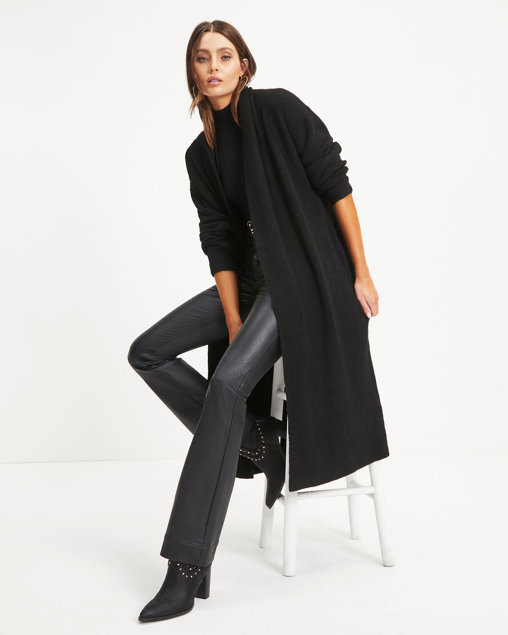 Lana Pocketed Duster Cardigan - Black - Se7enfashion