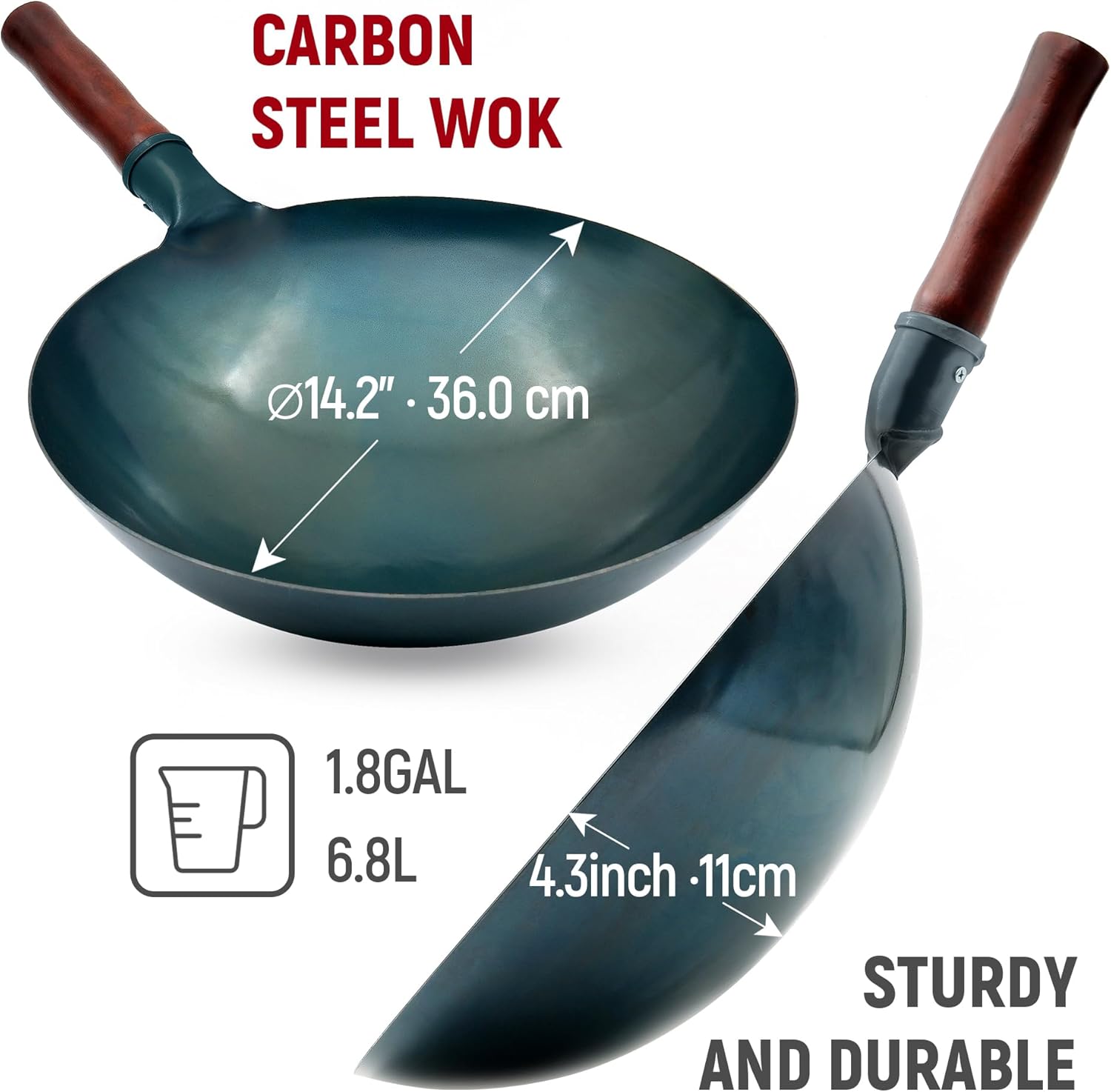 welsteepse Carbon Steel Wok Traditional Hand Hammered Wok,14 Inch,Round Bottom(Roasted Blue)
