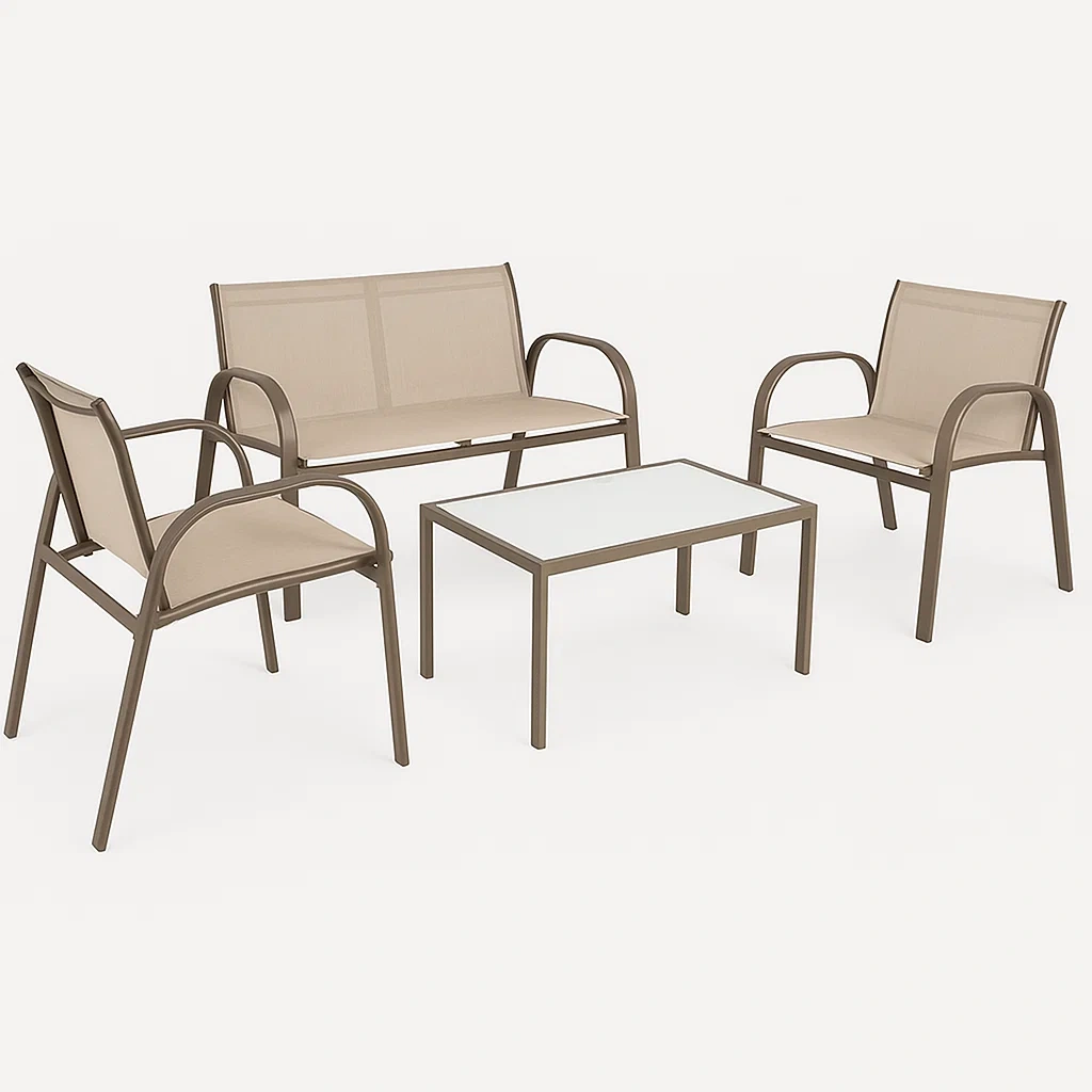 Conjunto de jardín de metal: 1 banco de 2 plazas, 2 sillones y 1 mesa baja,textileno beige y estructura marrón - WChwDkV213WU