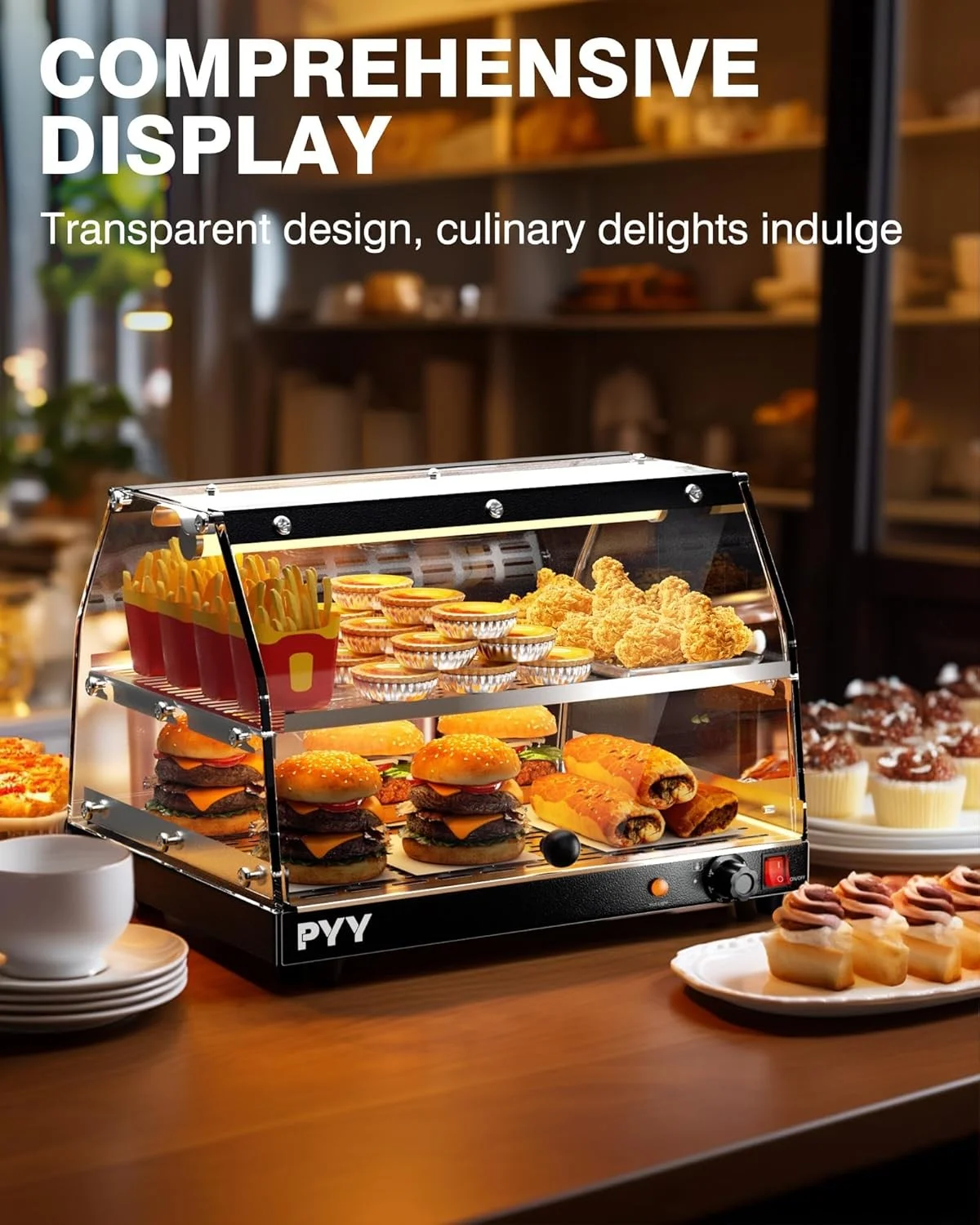 Commercial Food Warmer Display, 2-Tier Electric Countertop Food Warmer with LED Lighting Adjustable Glass Door, Pastry Display Case for Buffet Restaurant Black - Image 2