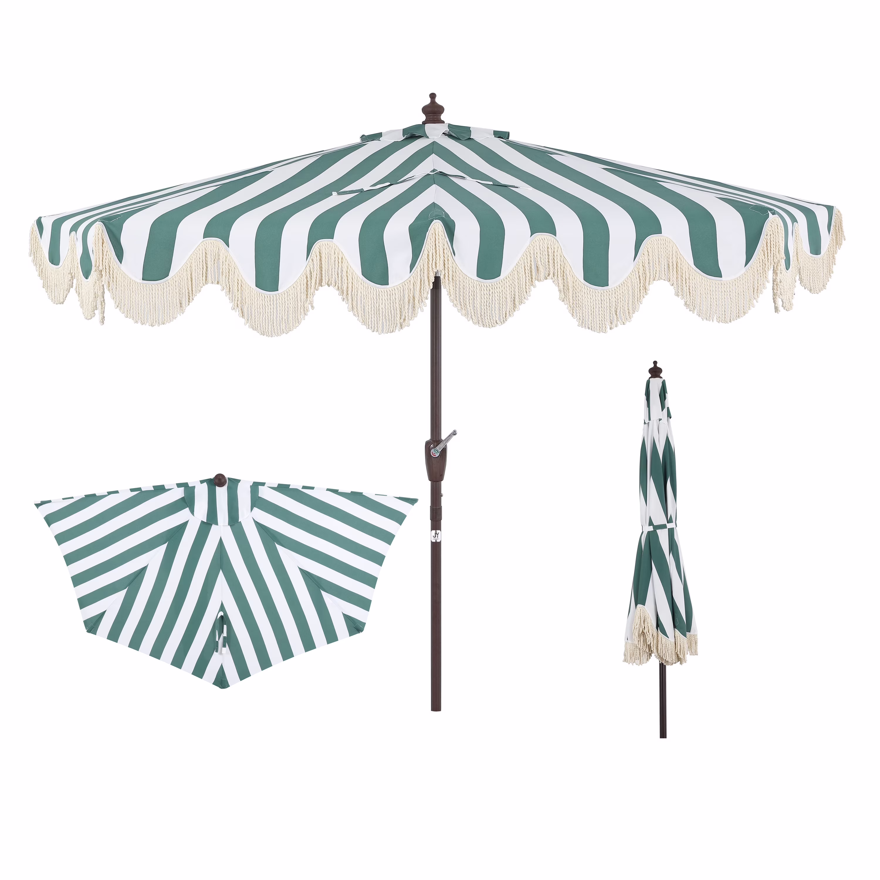 JONATHAN Y Beverly 9 ft. Half Market Patio Umbrella, Designer Classic Scalloped Fringe with Crank, Tilt Button and UV Protection, Blue/White/Cream, Dark Brown Pole - Image 5