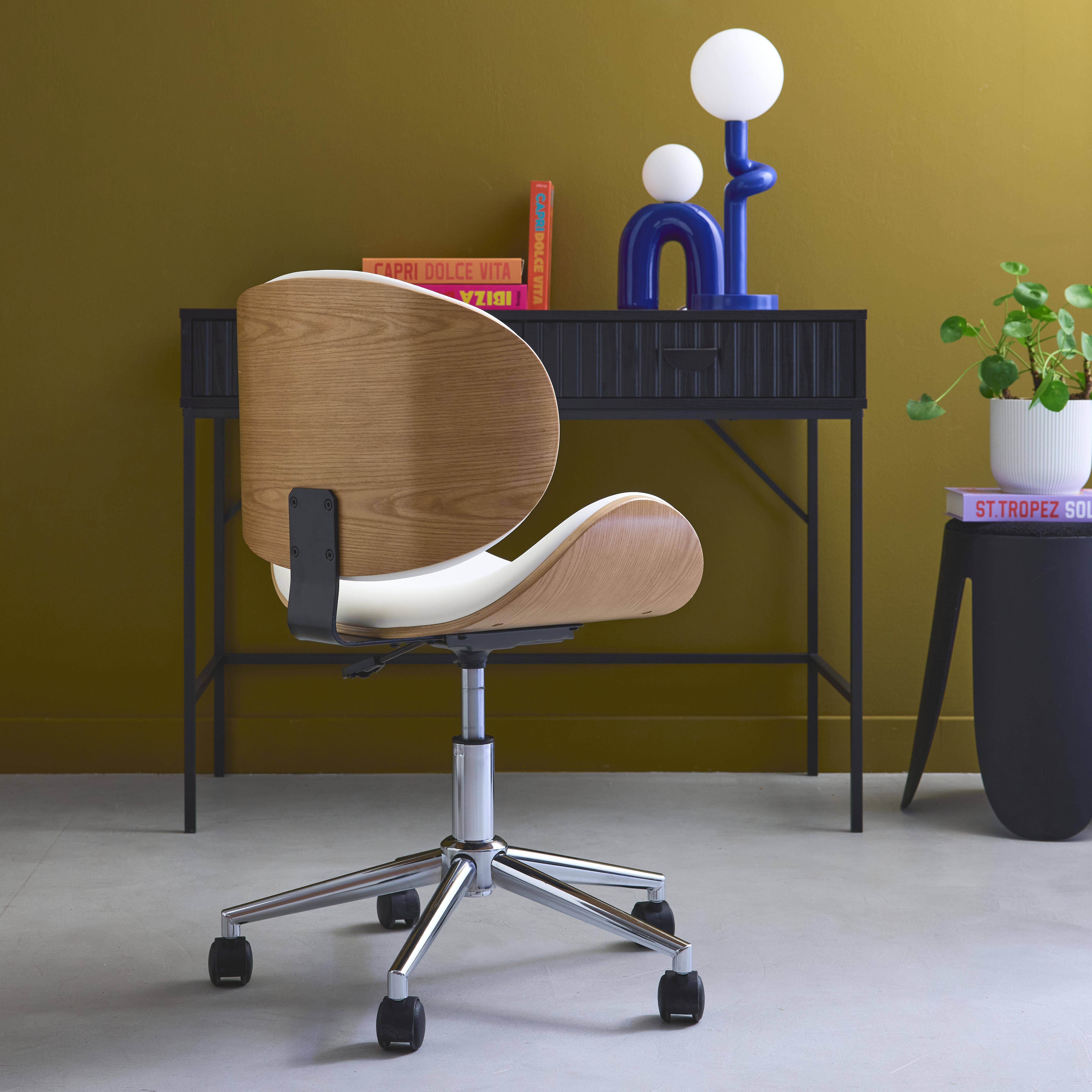 Dwight - Silla de oficina con ruedas, madera curvada y acabado en polipiel