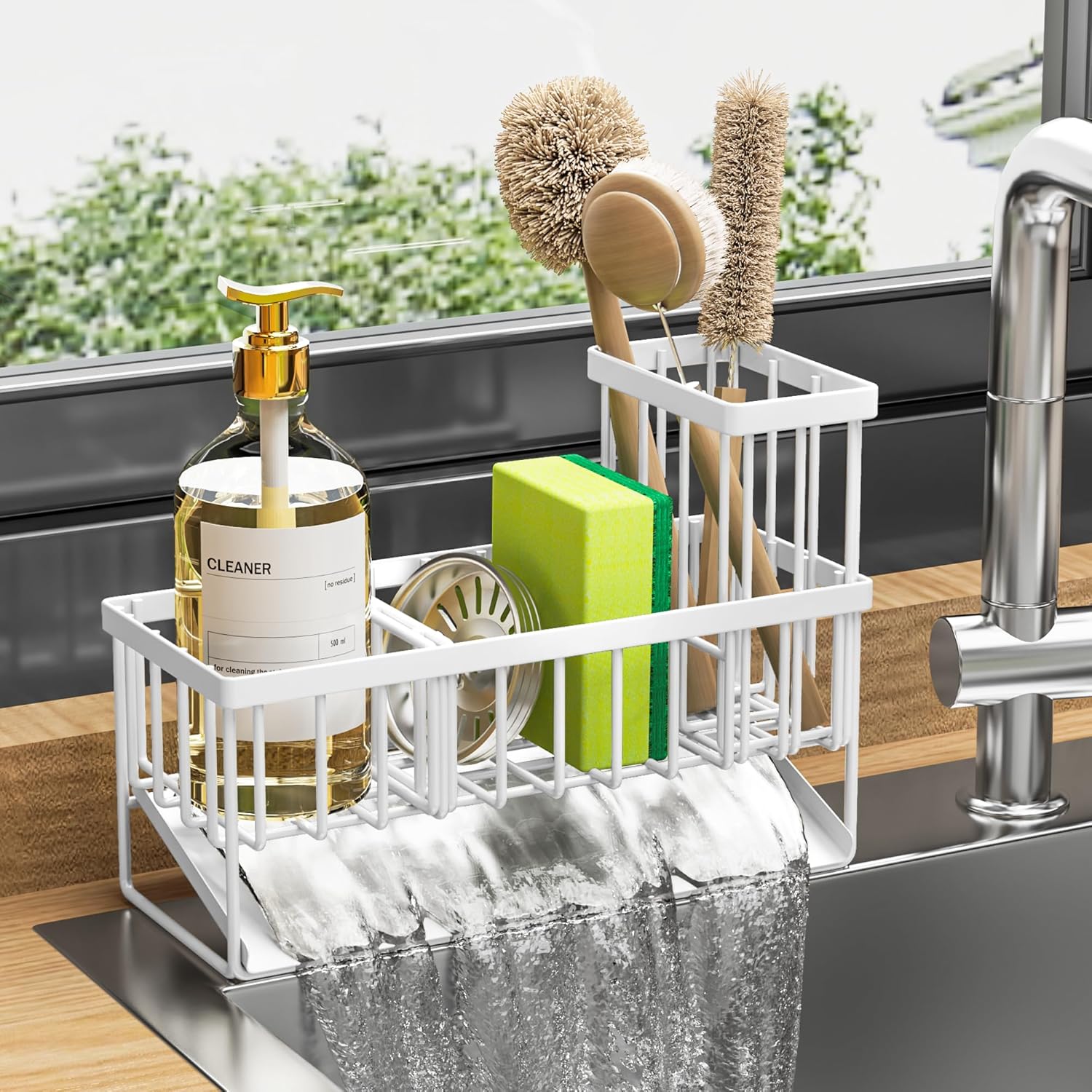 Cisily Sink Caddy Organzier with High Brush Holder, Sponge Holder for Sink, 304 Rustproof Stainless, Kitchen Countertop Soap Dispenser Organizer, Dark Gray Kitchen Decor and Accessories