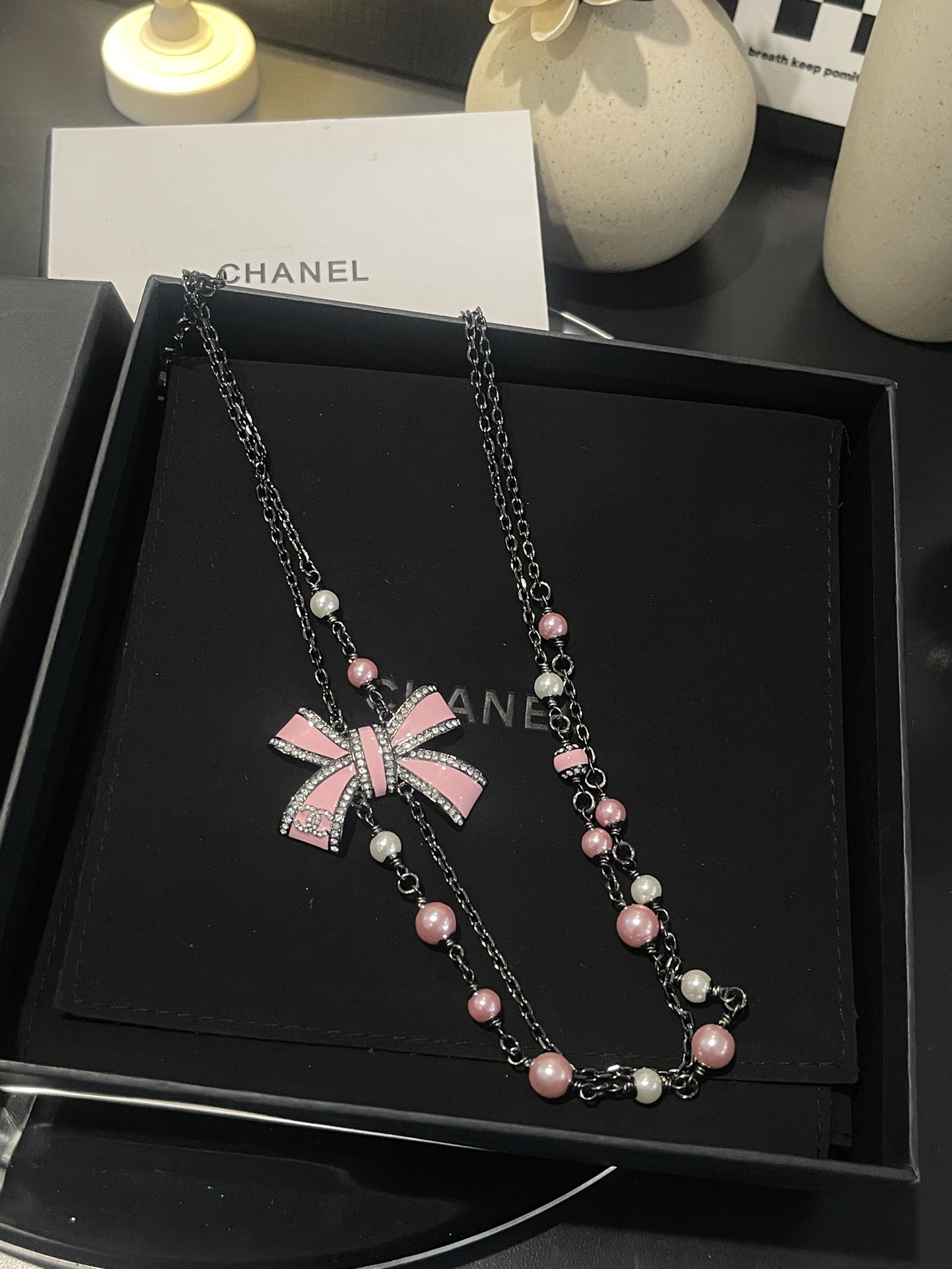 Chanel Two Layers Pink Bow Pearl Necklace - Original Replica Club