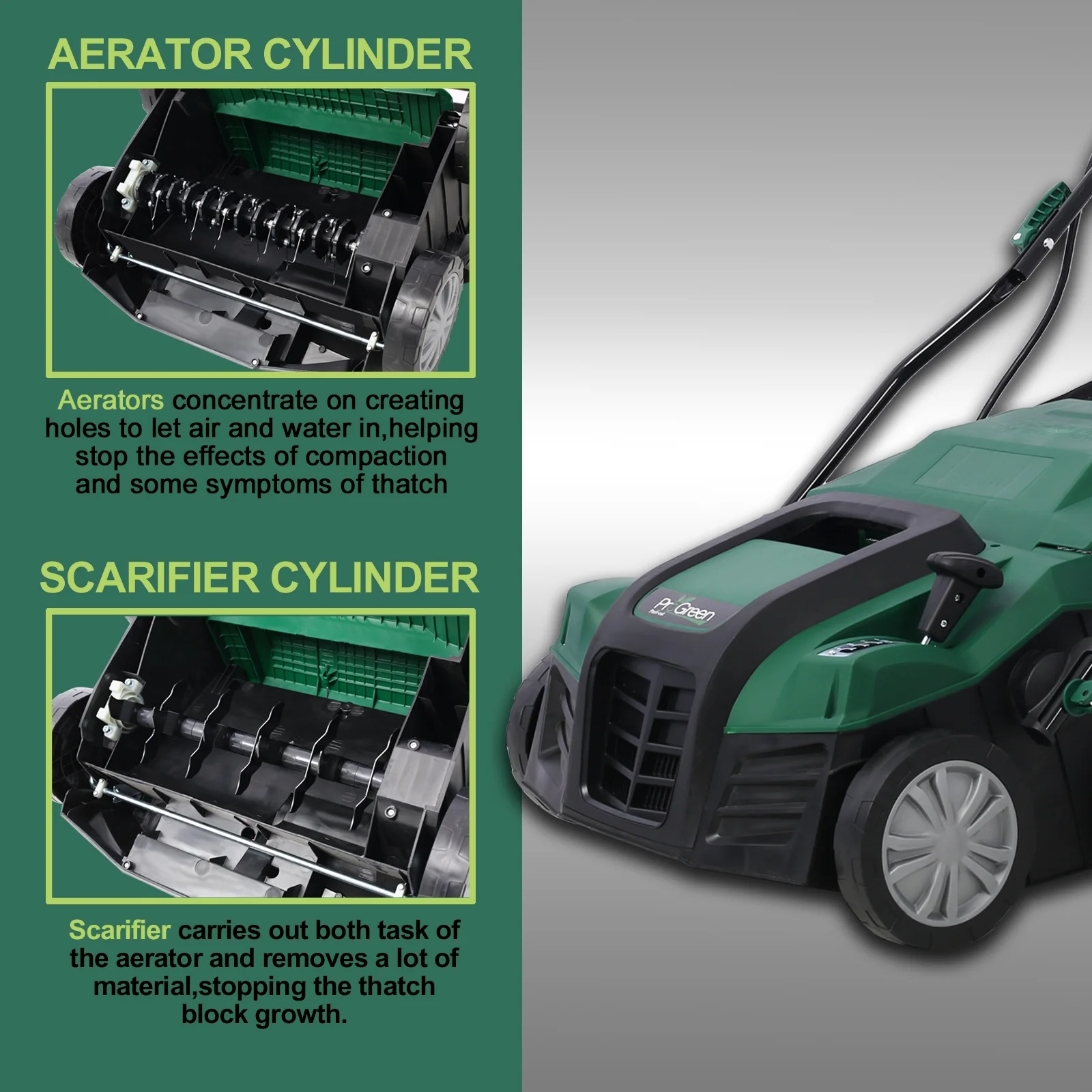 Dethatcher and Scarifier, Seizeen 16-Inch Lawn Dethatcher Scarifier 2-IN-1 Gardening Equipment, Powerful 15 Amp Electric Dethatcher & Scarifier, Height Adjustable, 58QT Removable Thatch Bag - Image 8