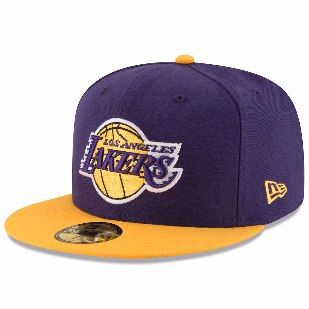 Angled front view of the New Era Los Angeles Lakers 2-Tone 59FIFTY Fitted Hat featuring a purple crown and gold visor.