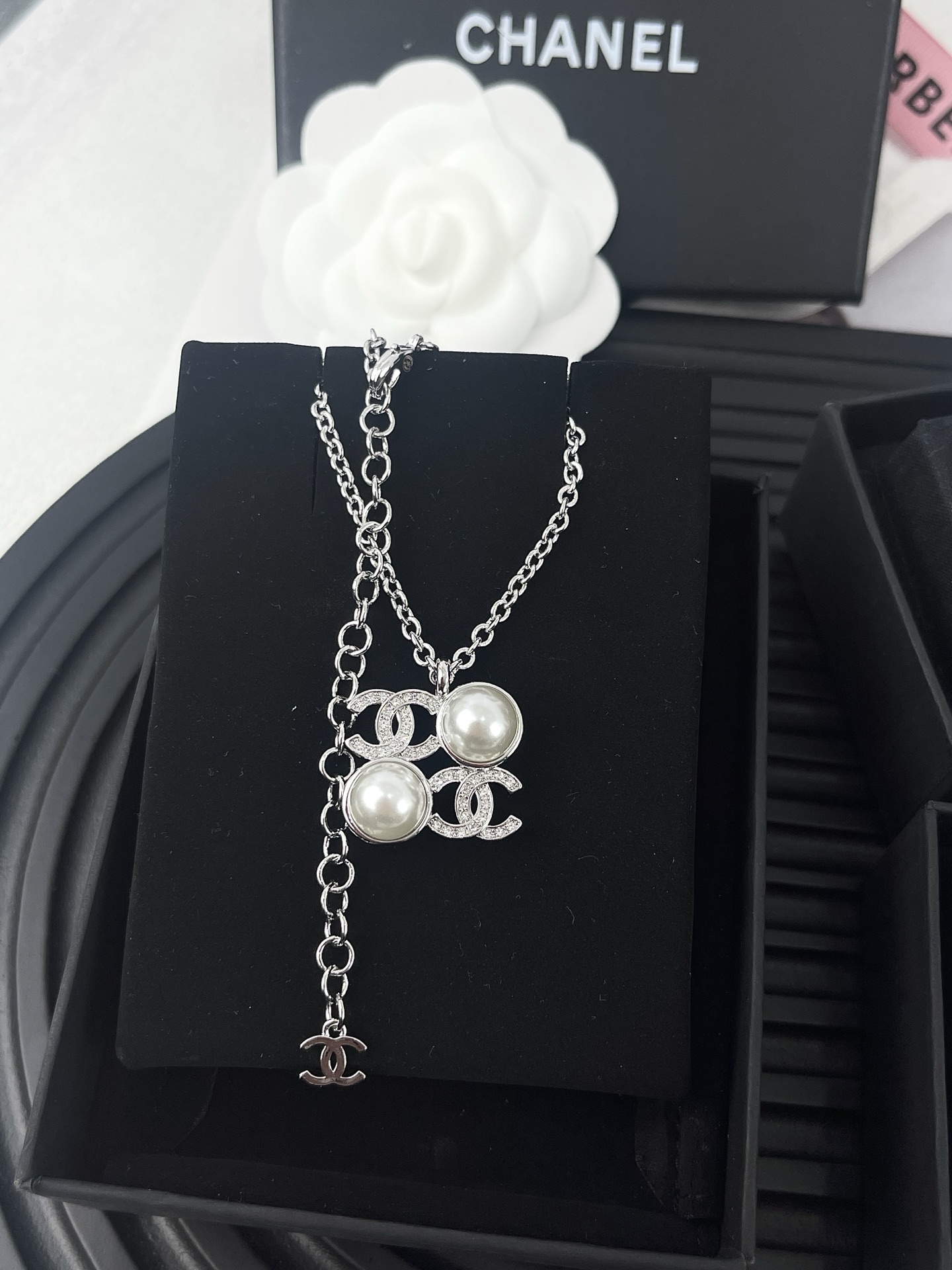 Chanel Silver Square Coco & Pearls Pendant Necklace - Original Replica Club