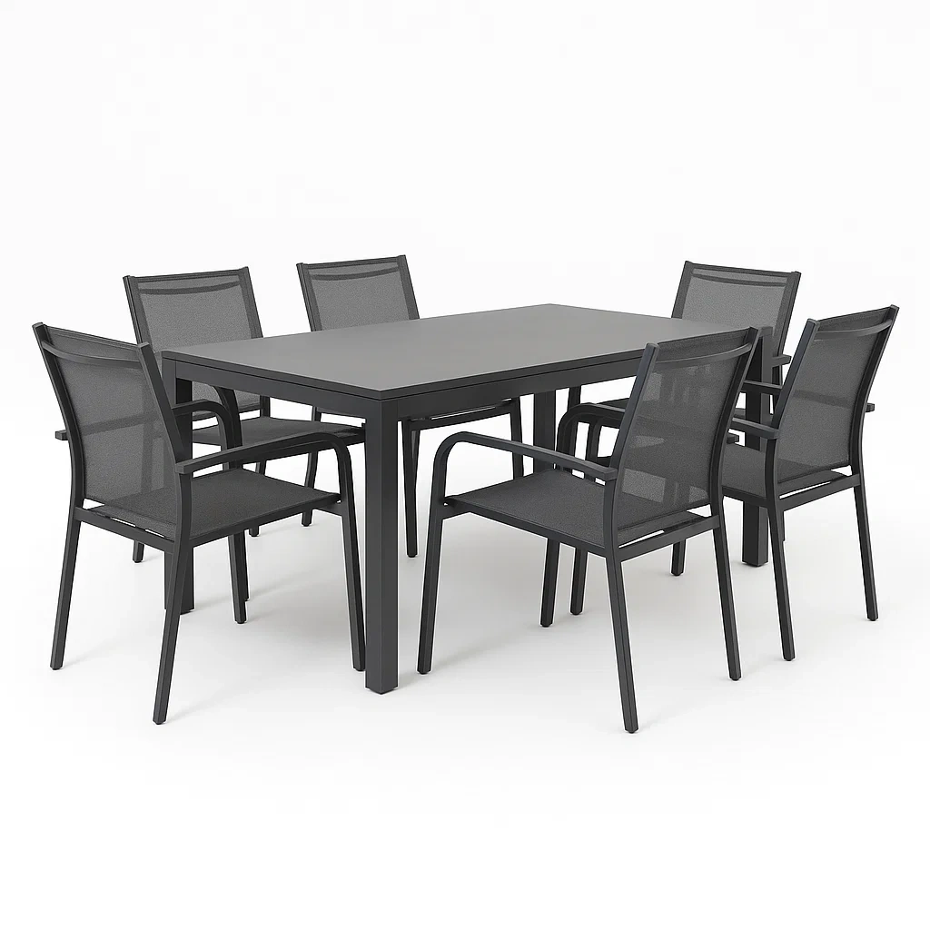 Conjunto de comedor de jardín para 6 personas, estructura de metal y textileno, 6 sillas, 1 mesa, Negro - bJNVXoL195qU