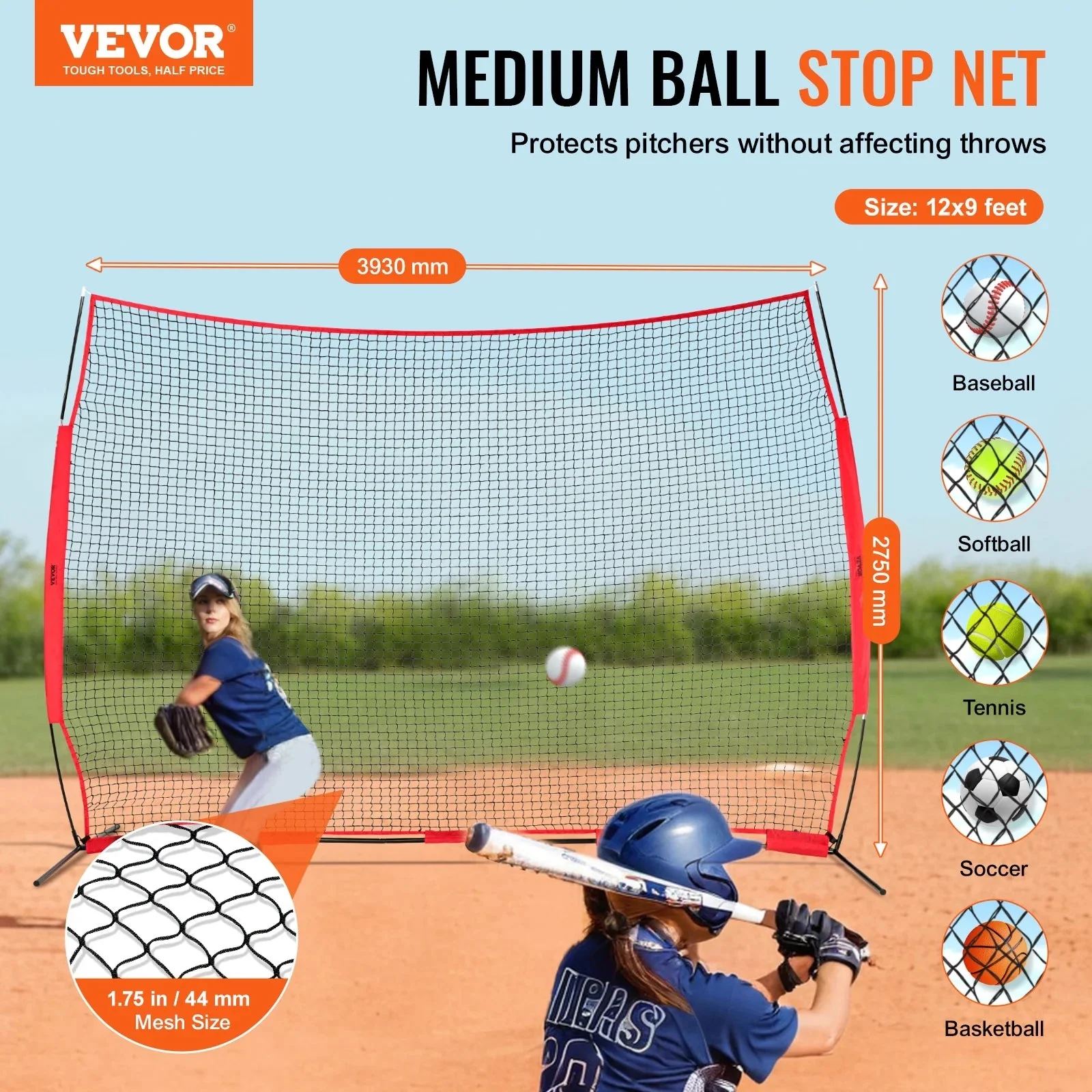 VEVOR Barricade Backstop Net, 12x9 ft Ball Sports Barrier Netting With Carry Bag - SSPDYBQ004 - Image 2 VEVOR Barricade Backstop Net, 12x9 ft Ball Sports Barrier Netting With Carry Bag - SSPDYBQ004 - Image 2