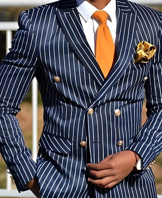Elegant Vertical Stripe Lapel Collar Double Breasted Pocket Blazer