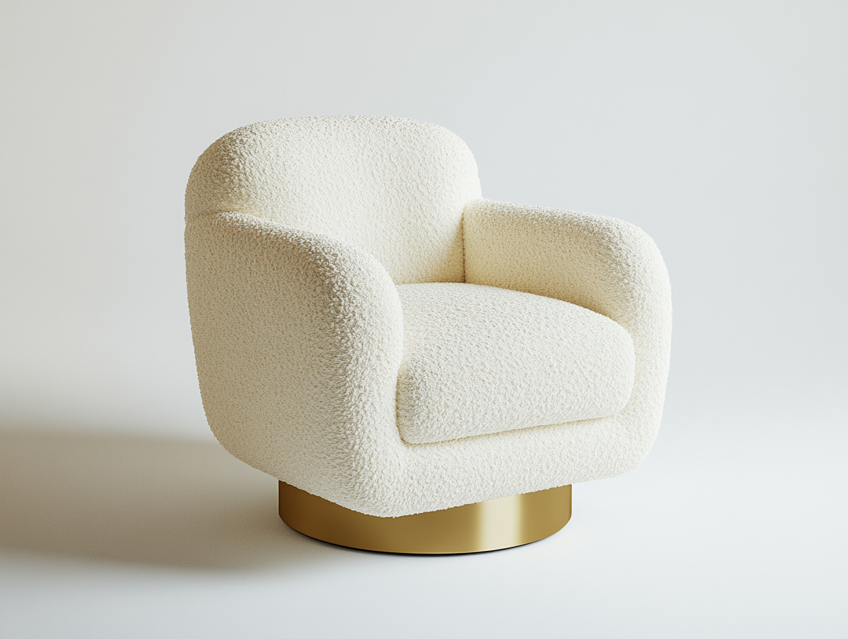 Sillón giratorio tapizado 85×85×75 cm – blanco crema – en tejido bouclé con base dorada metálica