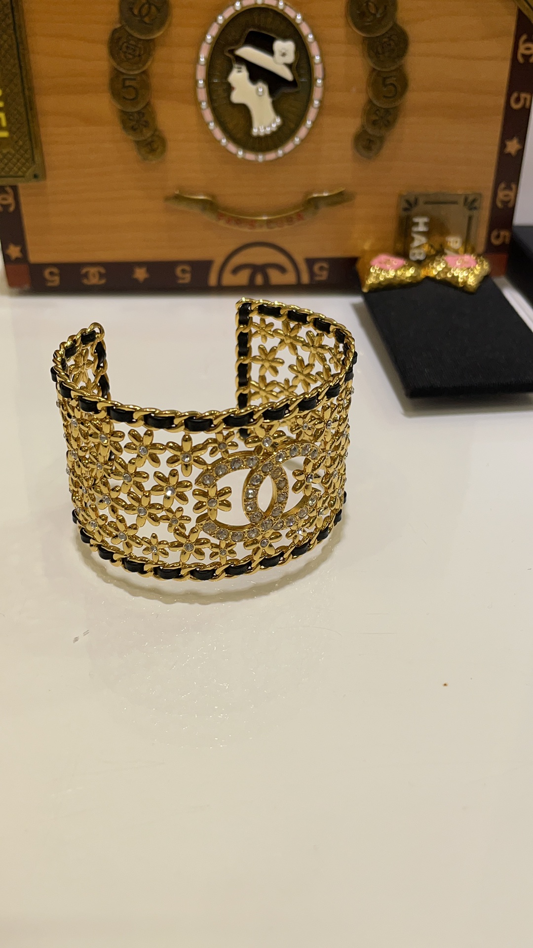 Dainty Chanel 23A Hollow Flower Wide Bracelet Cuff Bangle - Original Replica Club
