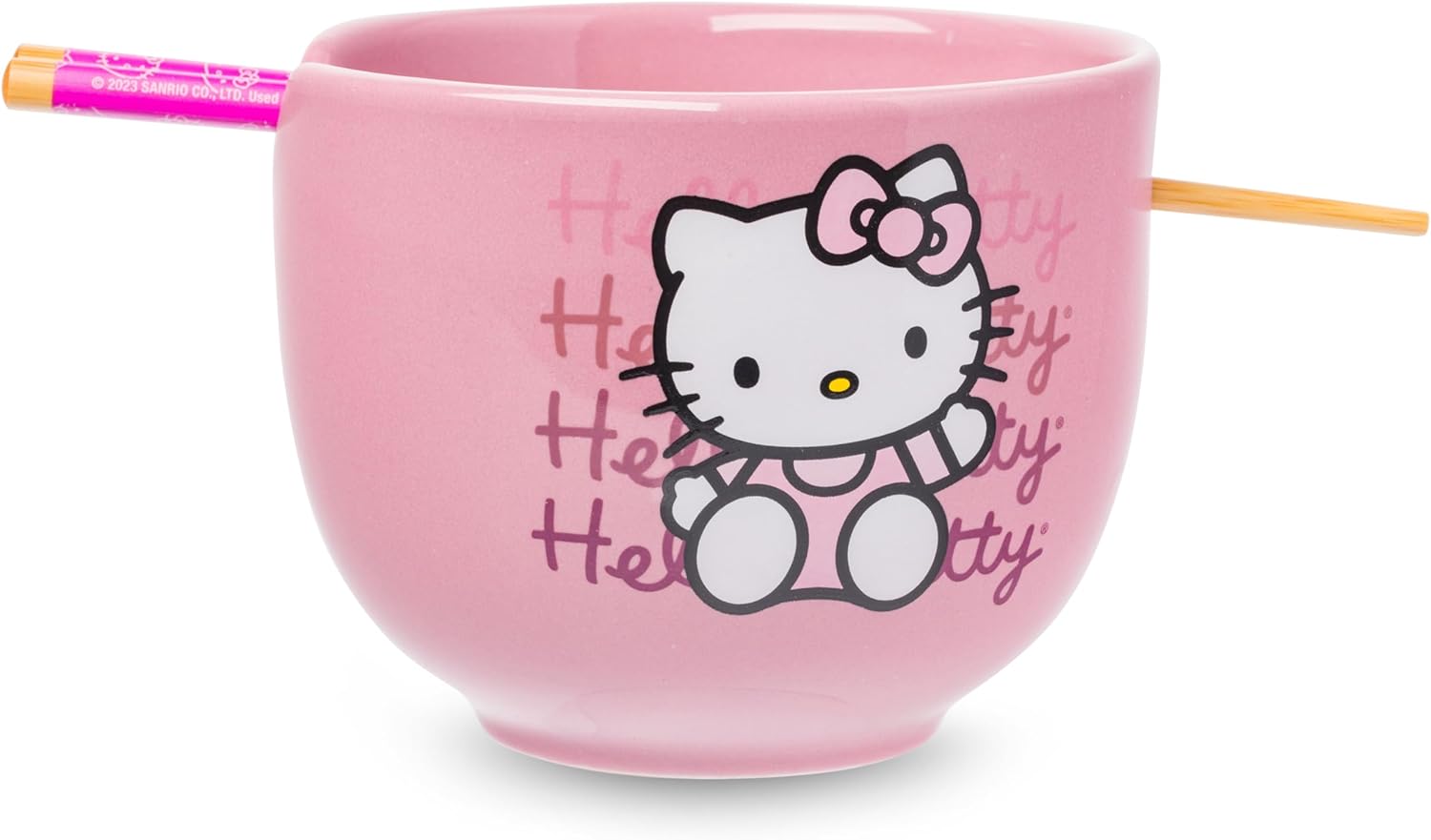 Silver Buffalo Sanrio Hello Kitty Face with Different Color Bows Pattern Ceramic Ramen Noodle Rice Bowl with Chopsticks, Microwave Safe, 20 Ounces