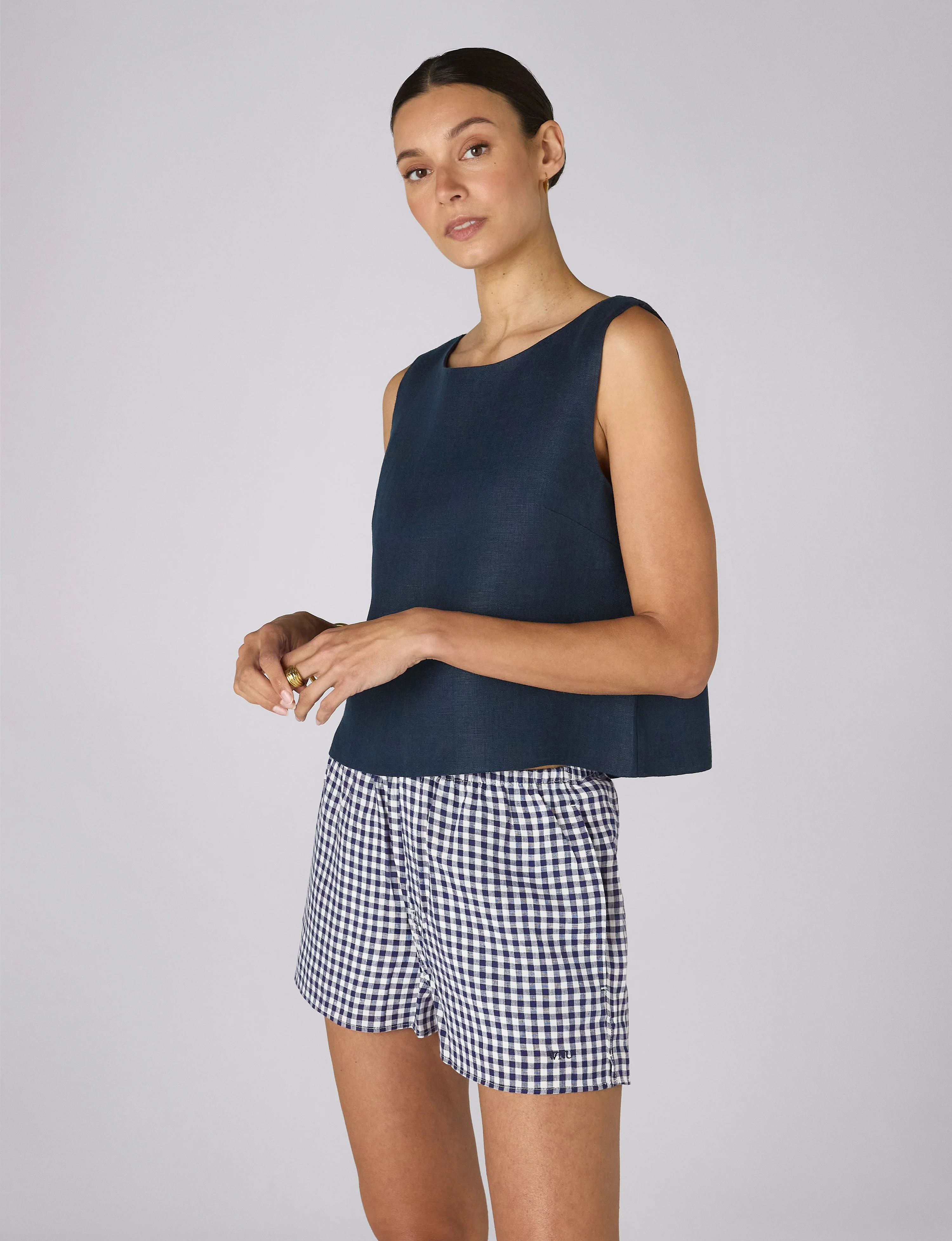 The Set: Linen Top & Court Short, Navy and Gingham Navy Blue