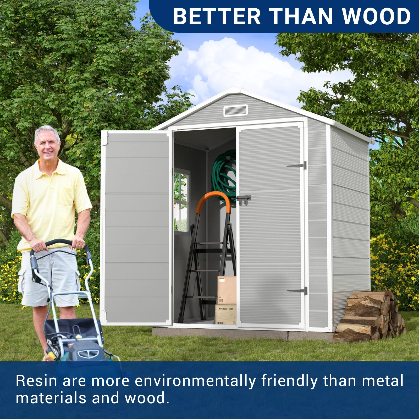 ELPOSUN Outdoor Storage Shed 6x4.5 ft, Resin Outside Sheds & Outdoor Storage Plastic for Trash Can, Bike, Lawnmower, Generator, Tool Shed with Lockable Door for Backyard, Lawn, Patio, Grey & White - Image 2