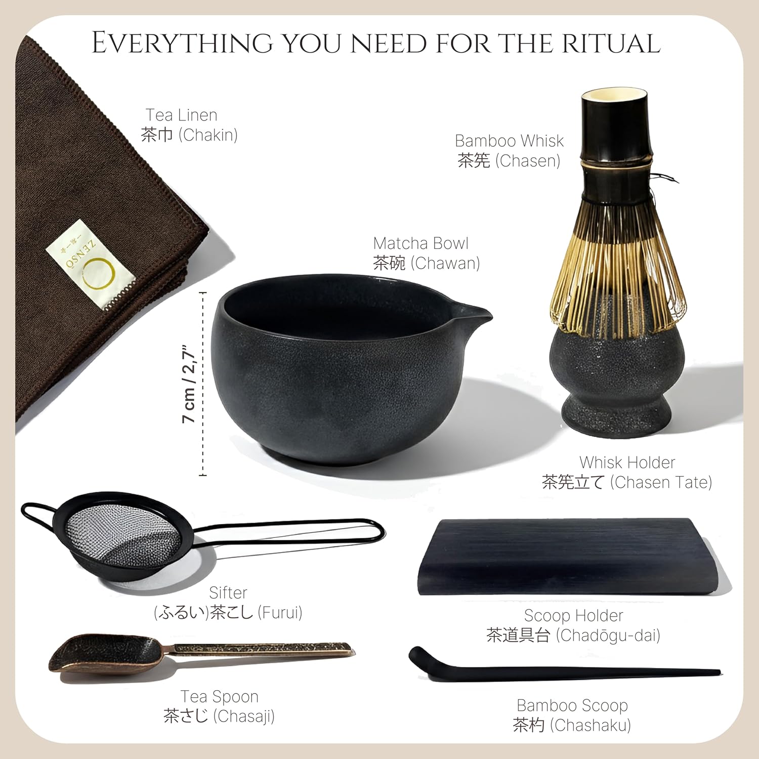 ZENSO Premium Matcha Whisk Set – 8 Piece Japanese Matcha Tea Ceremony Kit | Handmade Ceramics - Matcha Bowl, Purple Bamboo Whisk, Whisk Holder, Sifter, Scoop & Scoop Holder, Cloth, Spoon - Dark Gray